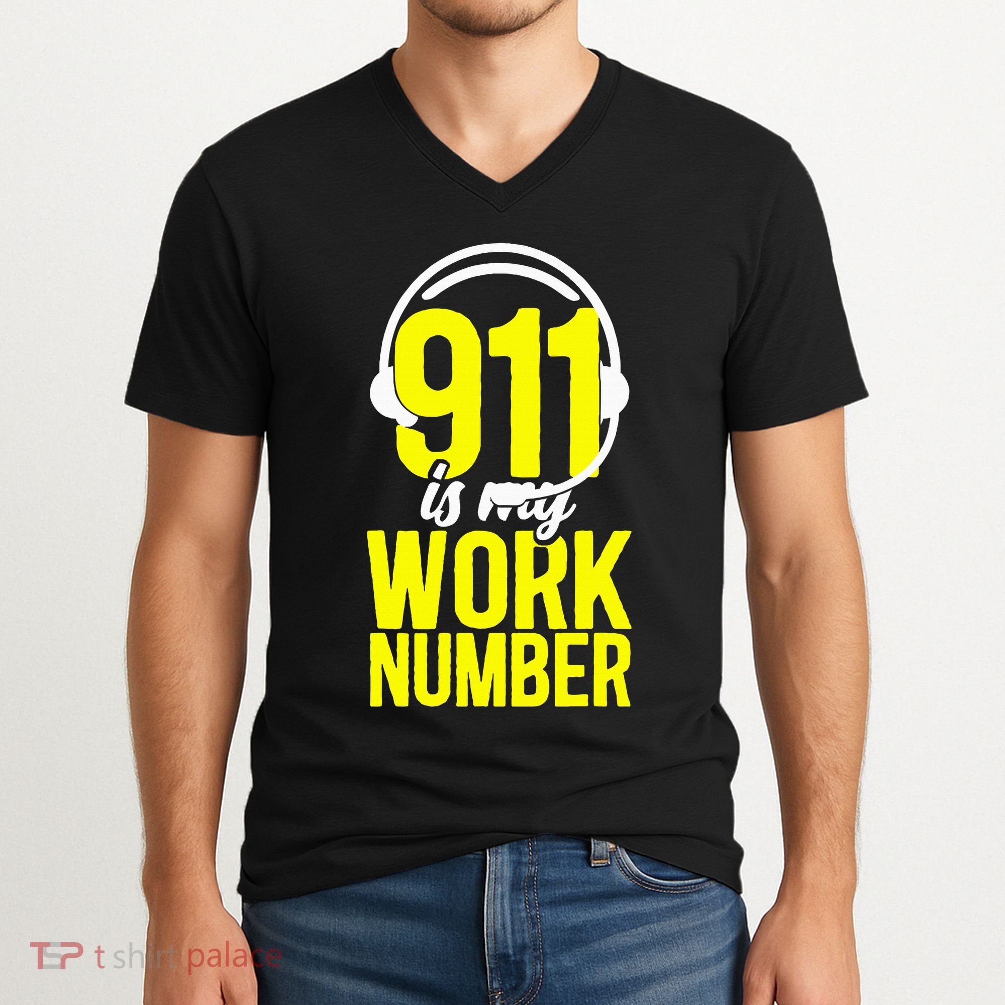 911 Dispatcher Thin Gold Yellow Line 911 Is My Work Number V-Neck T-Shirt