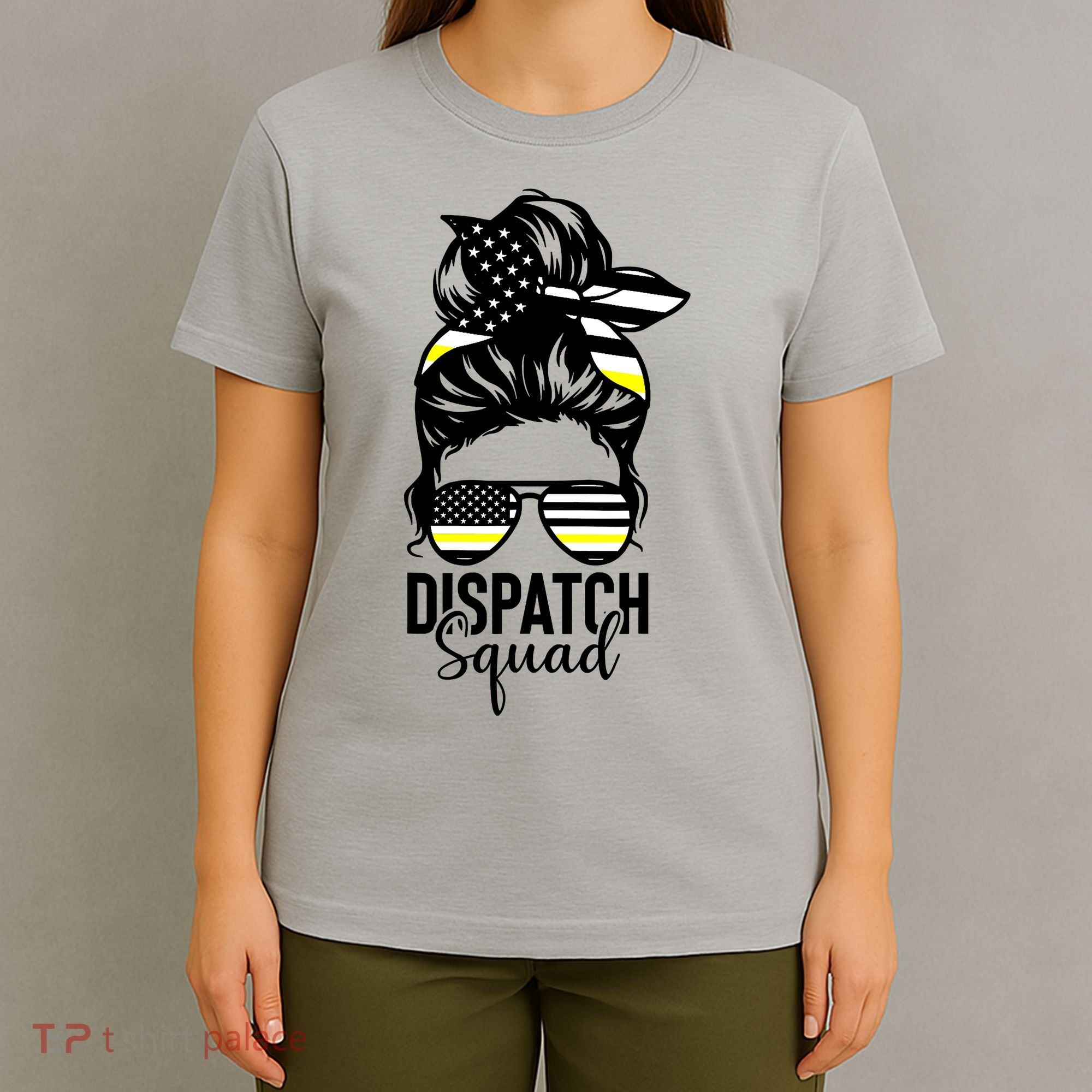 911 Dispatcher Week Dispatch Squad American Flag Messy Bun T-Shirt
