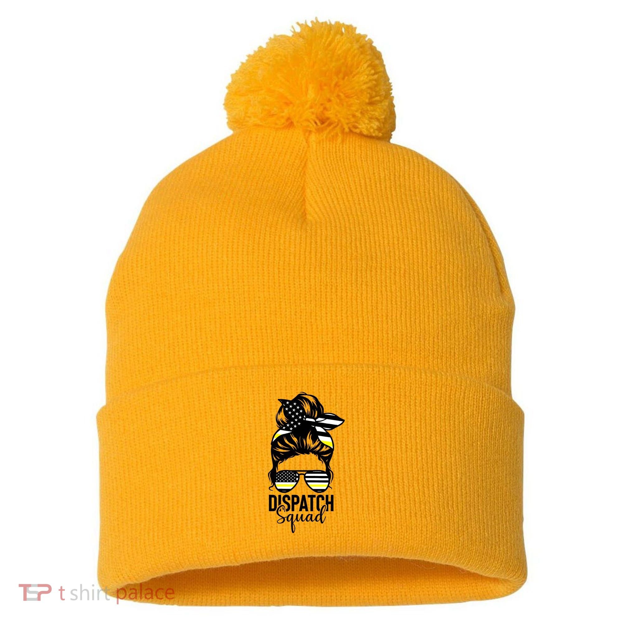 911 Dispatcher Week Dispatch Squad American Flag Messy Bun Pom Pom 12in Knit Beanie