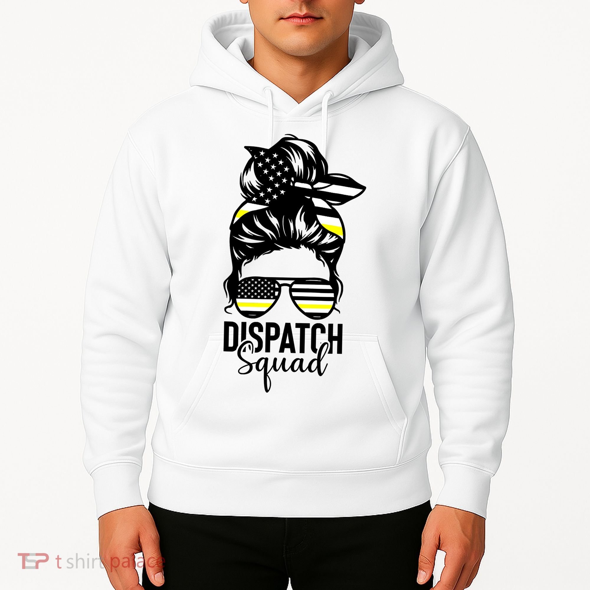 911 Dispatcher Week Dispatch Squad American Flag Messy Bun Hoodie
