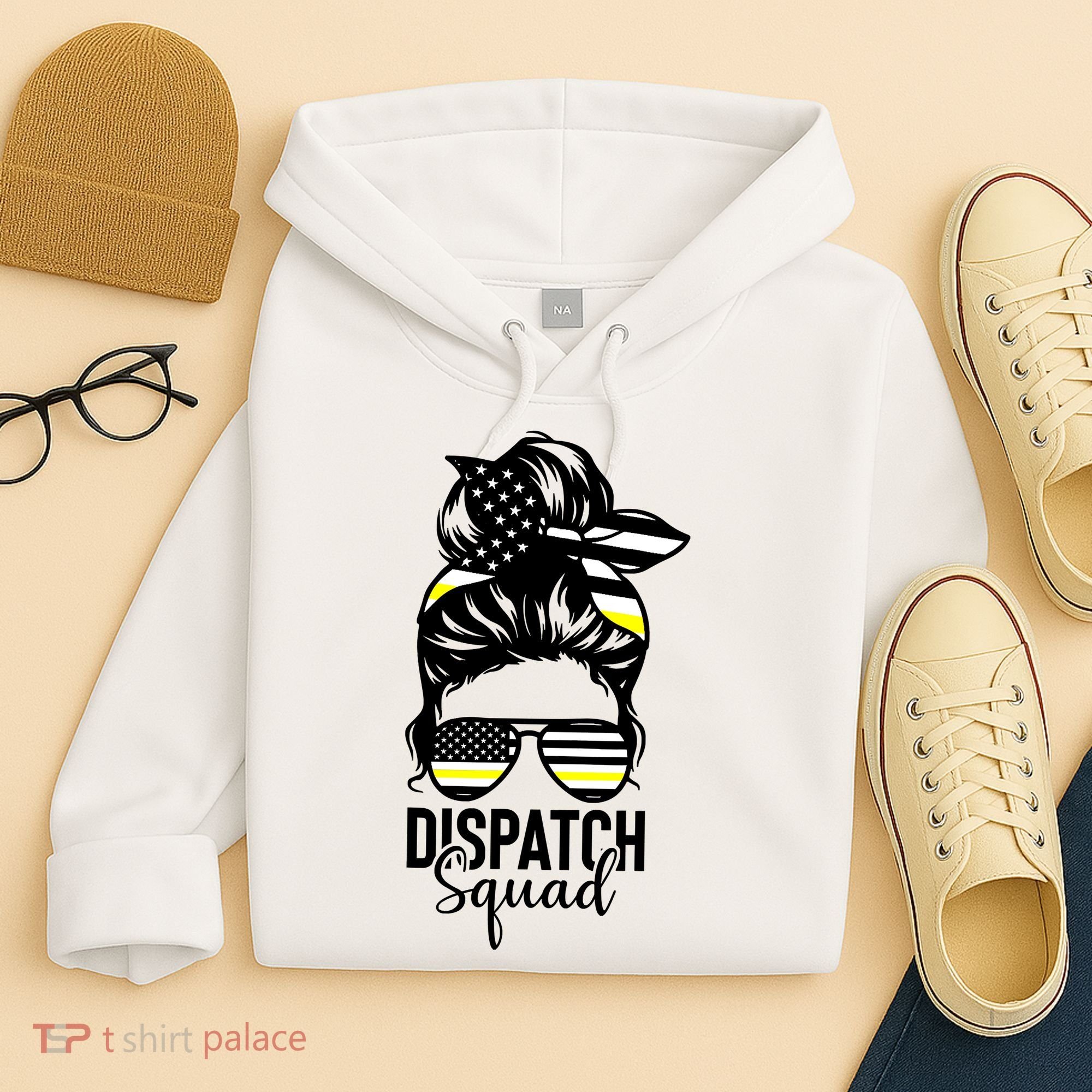 911 Dispatcher Week Dispatch Squad American Flag Messy Bun Hoodie