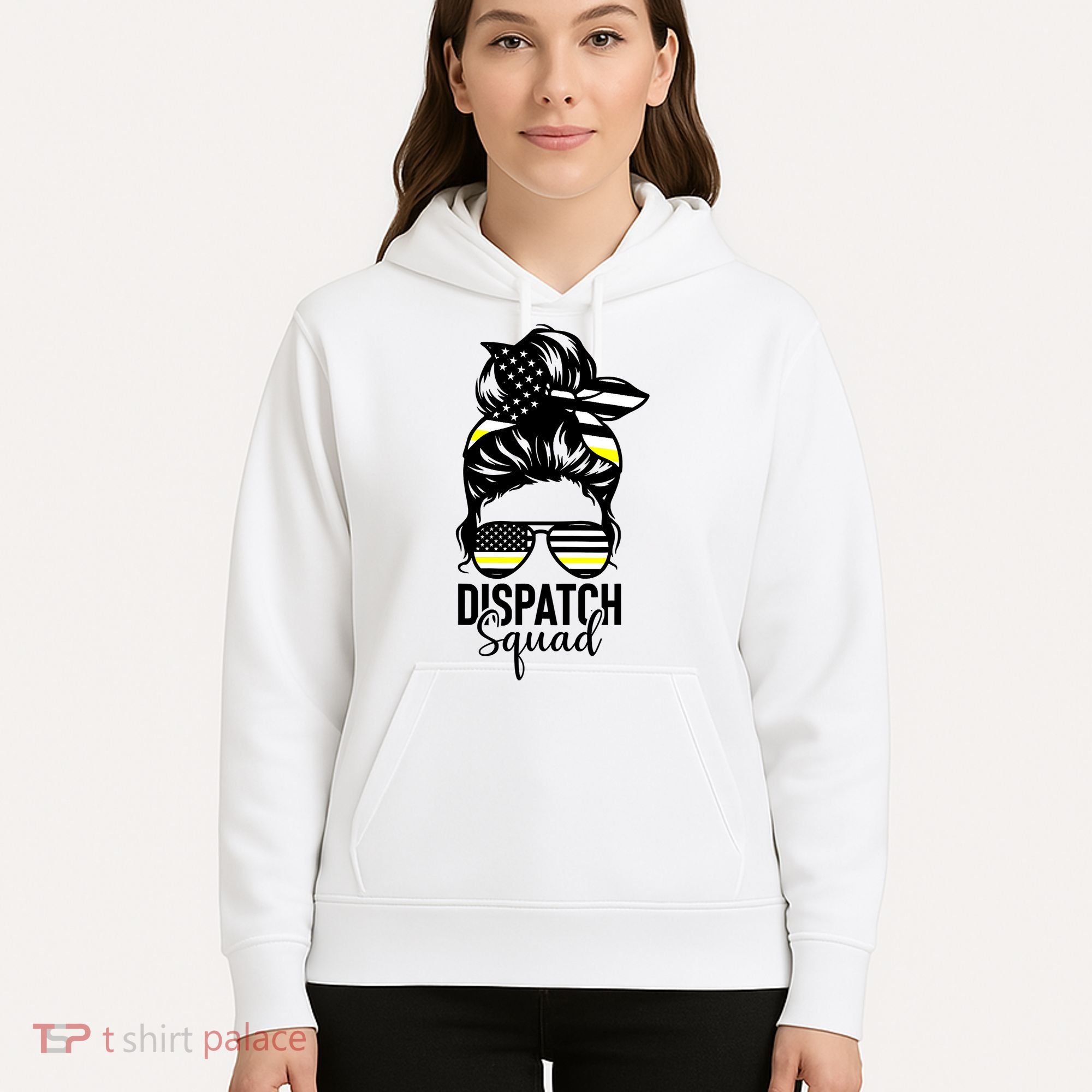 911 Dispatcher Week Dispatch Squad American Flag Messy Bun Hoodie