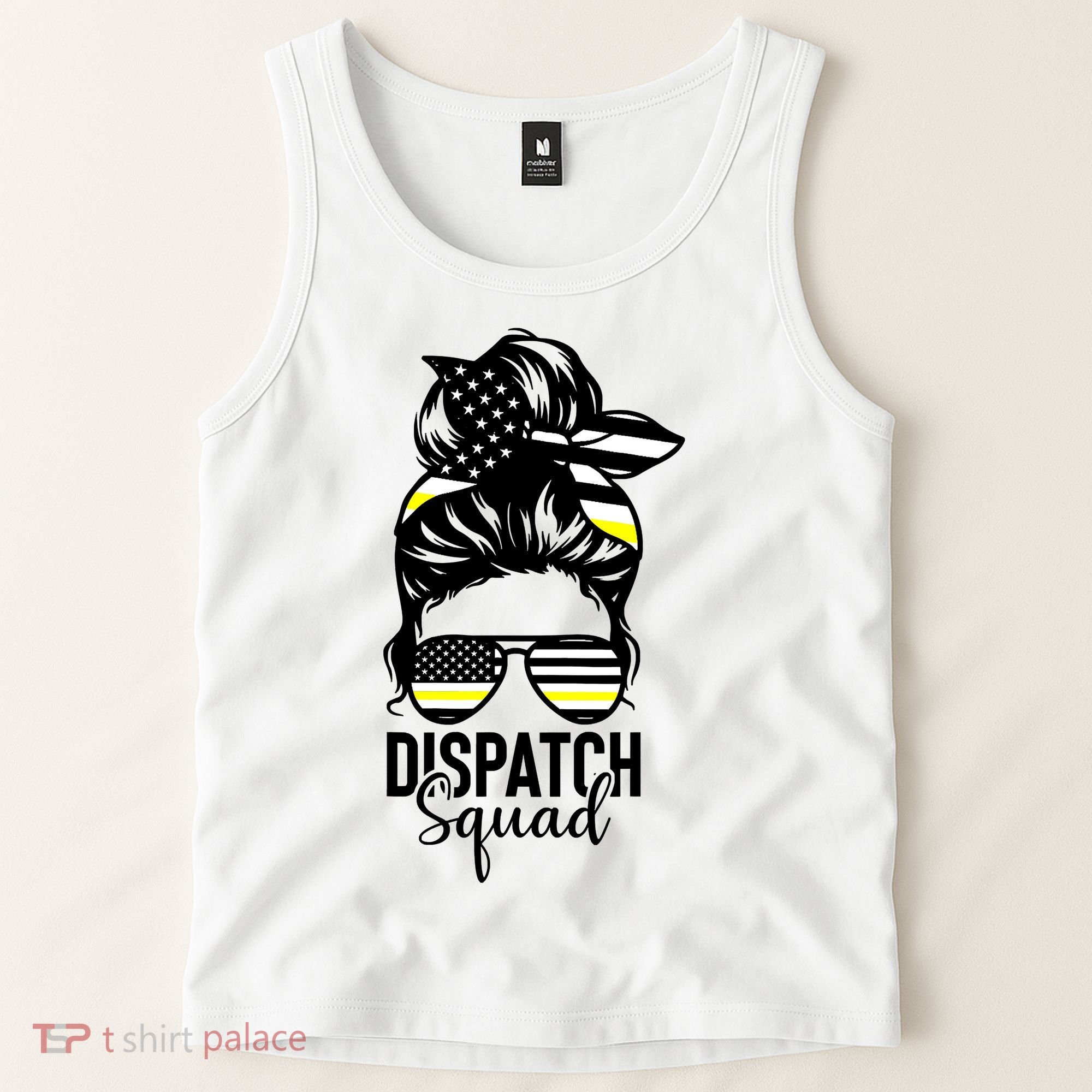 911 Dispatcher Week Dispatch Squad American Flag Messy Bun Tank Top