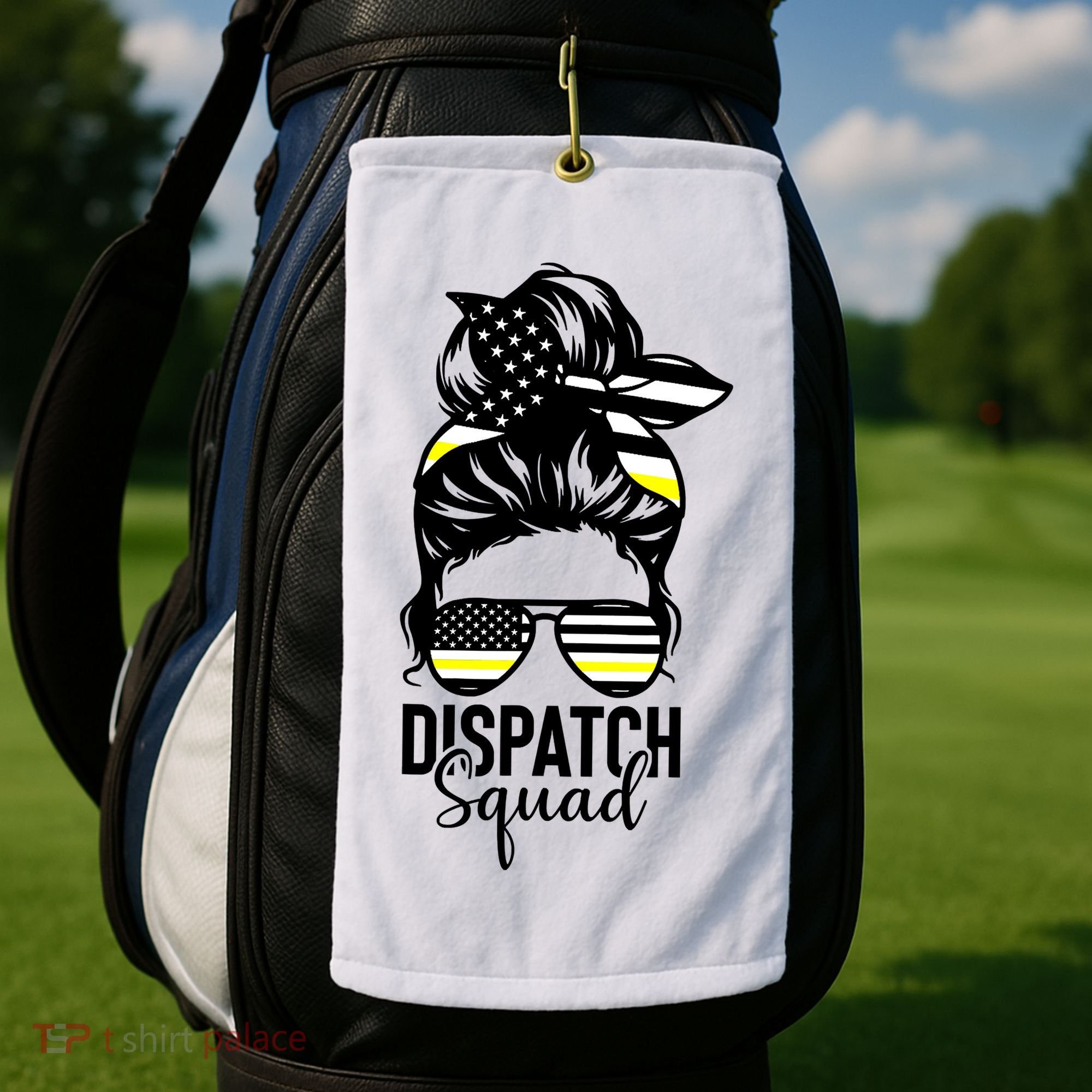 911 Dispatcher Week Dispatch Squad American Flag Messy Bun Golf Towel