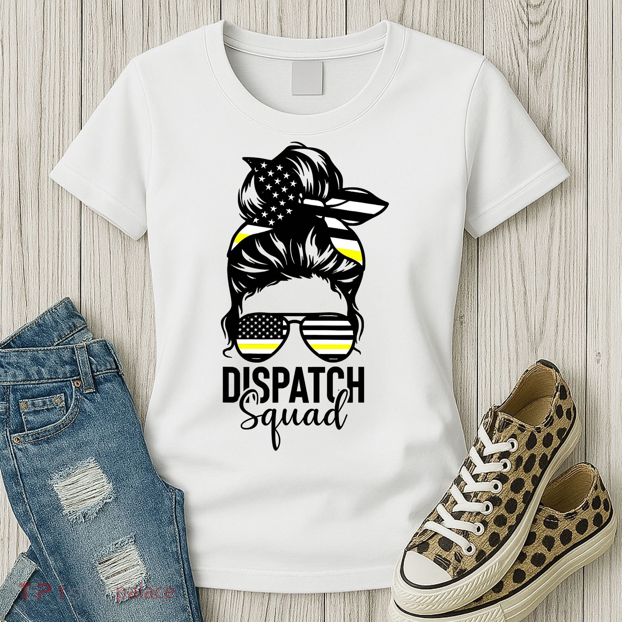911 Dispatcher Week Dispatch Squad American Flag Messy Bun Women's T-Shirt