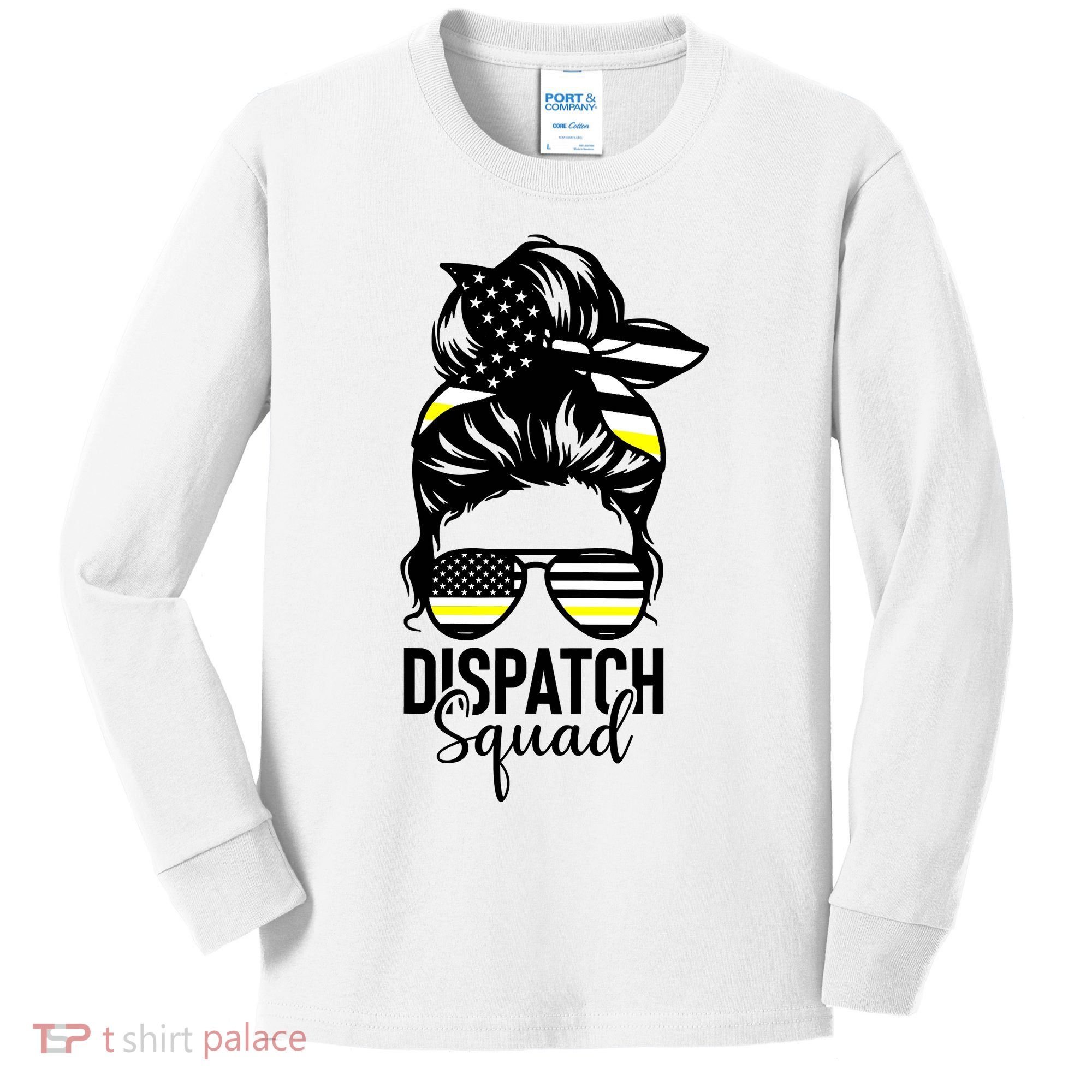 911 Dispatcher Week Dispatch Squad American Flag Messy Bun Kids Long Sleeve Shirt