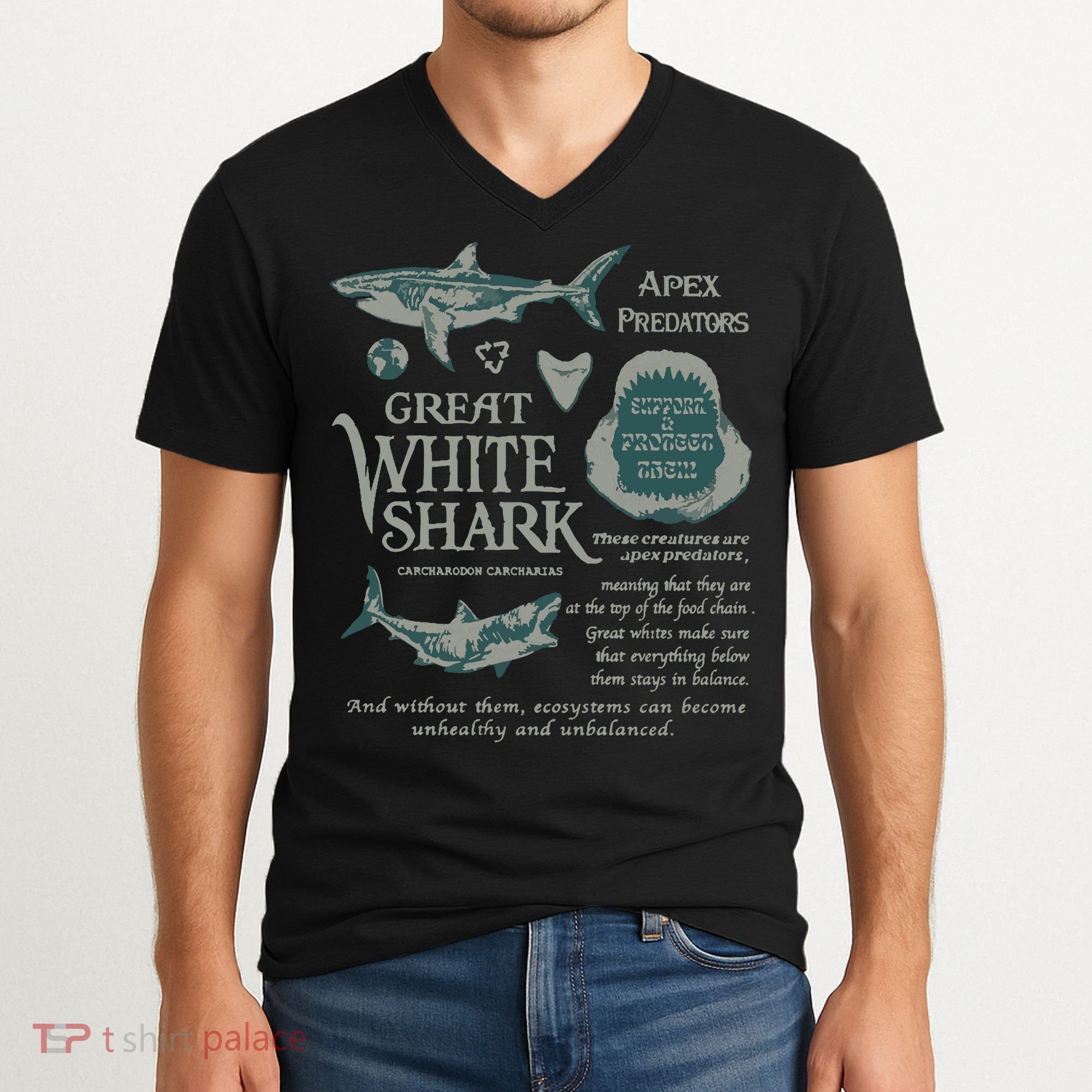 90S Great White Shark V-Neck T-Shirt