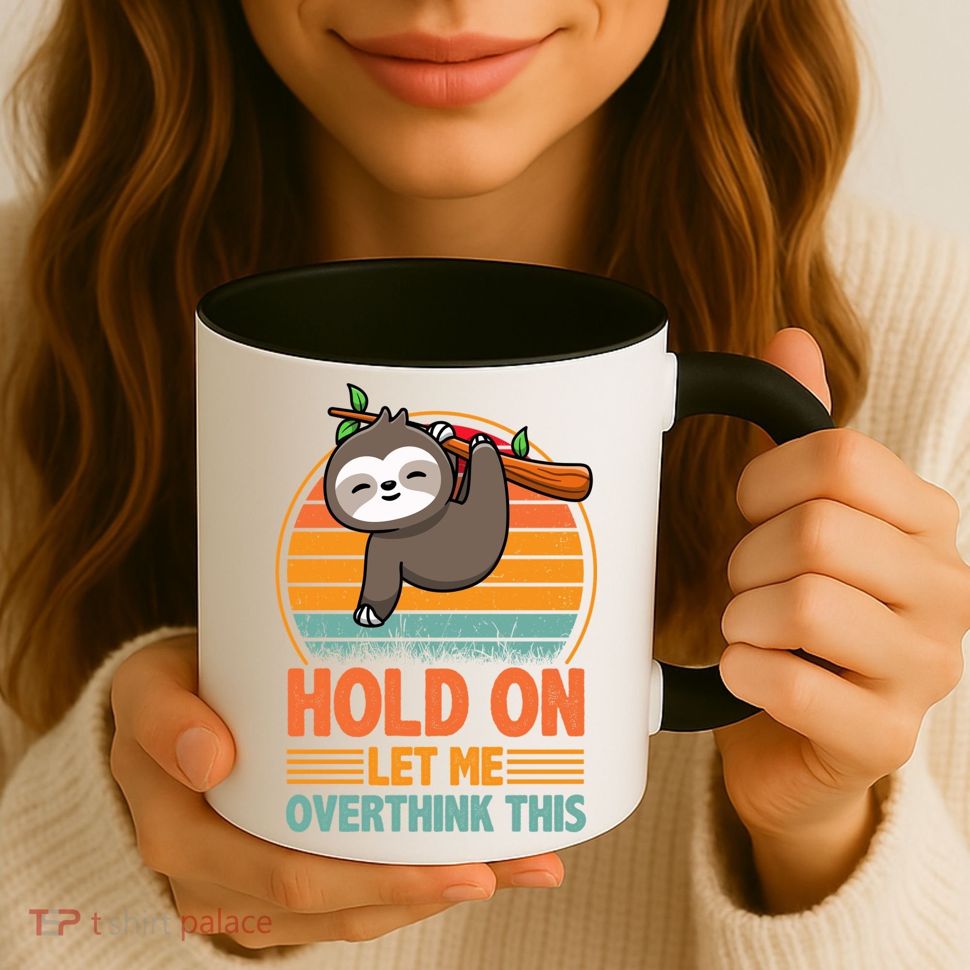 90s Retro Sunset Hang On Let Me Overthink This Sloth Funny Social Awkward Coffee Mug