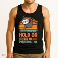 90s Retro Sunset Hang On Let Me Overthink This Sloth Funny Social Awkward Tank Top thumb 3
