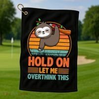 90s Retro Sunset Hang On Let Me Overthink This Sloth Funny Social Awkward Golf Towel thumb 1