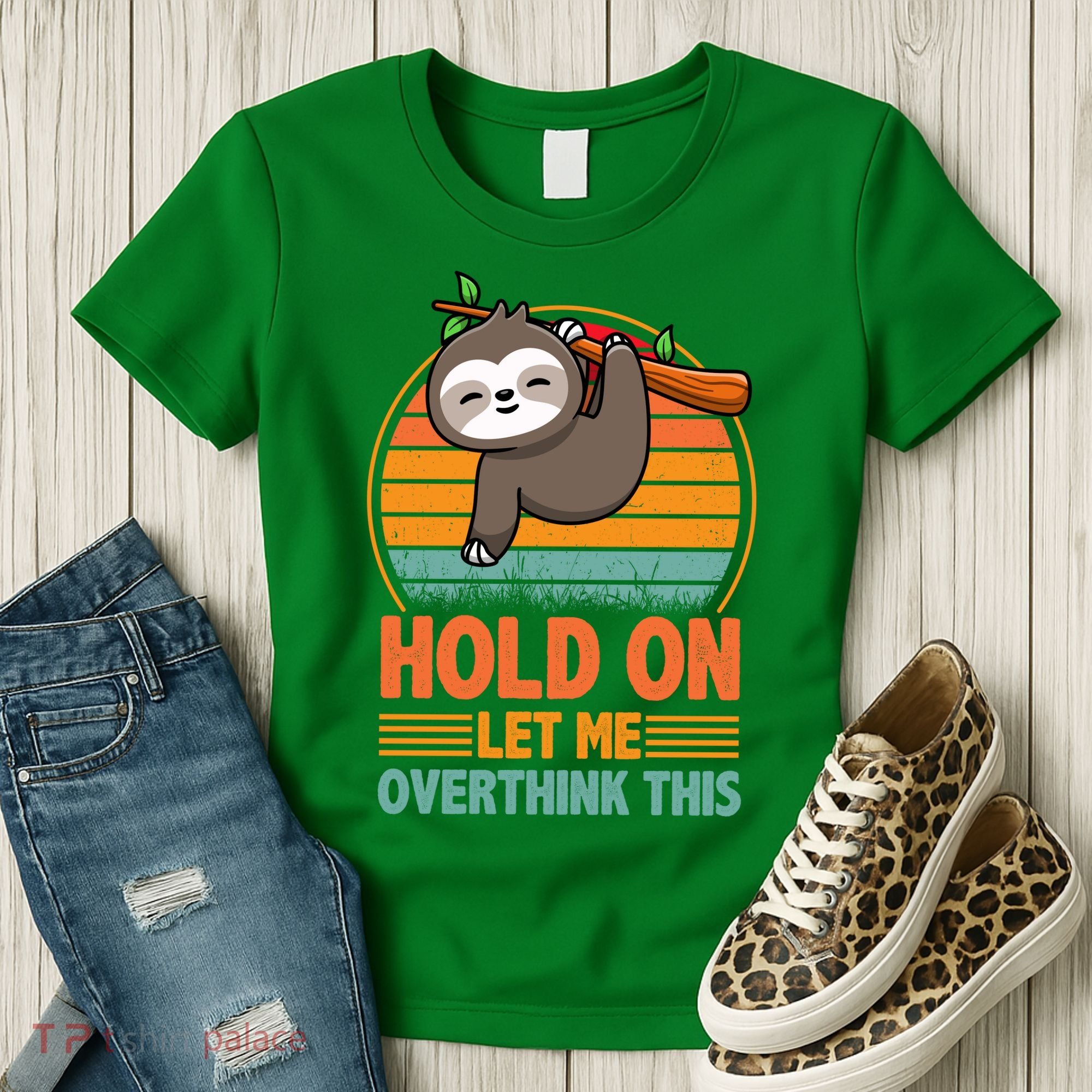 90s Retro Sunset Hang On Let Me Overthink This Sloth Funny Social Awkward Women's T-Shirt