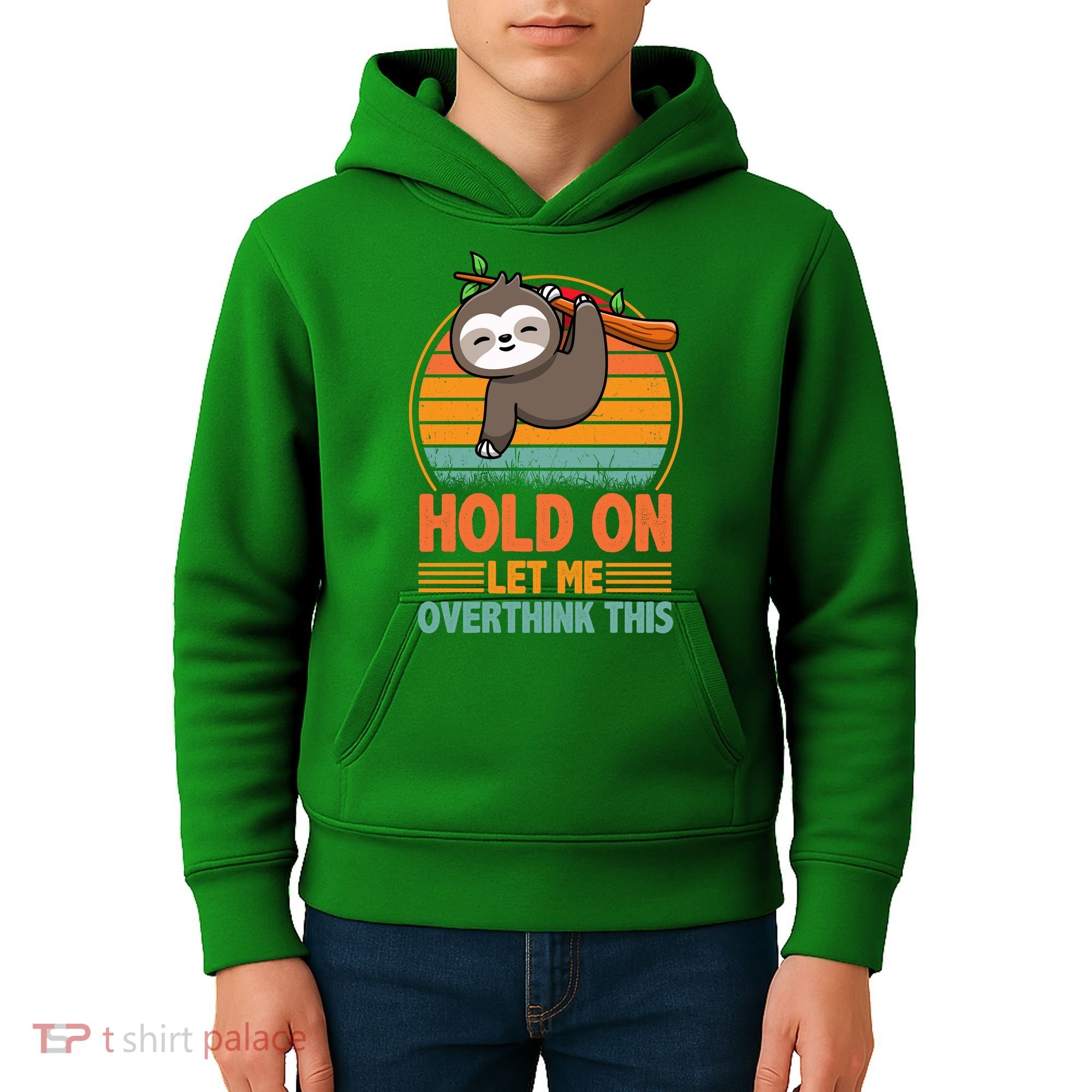 90s Retro Sunset Hang On Let Me Overthink This Sloth Funny Social Awkward Kids Hoodie