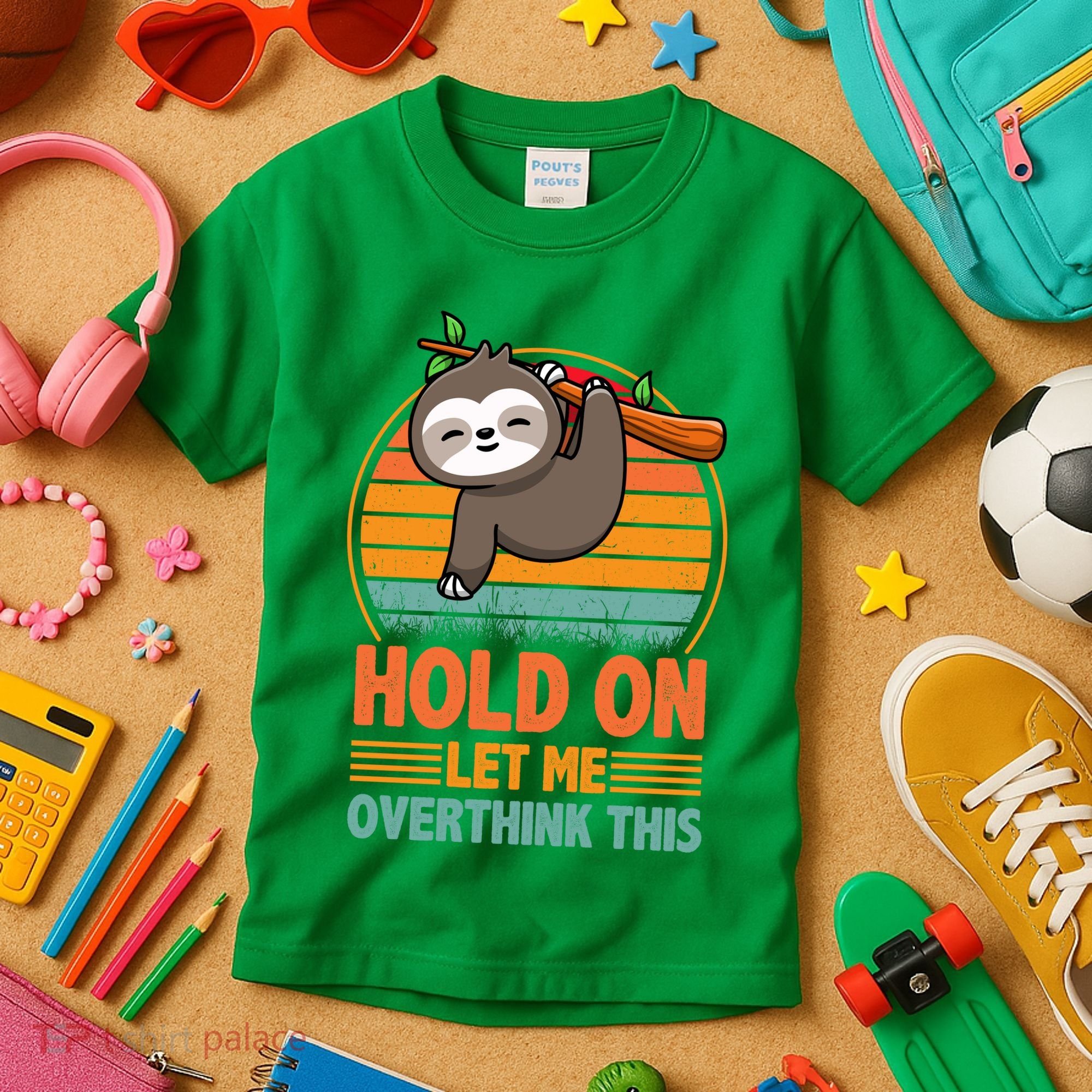 90s Retro Sunset Hang On Let Me Overthink This Sloth Funny Social Awkward Kids T-Shirt