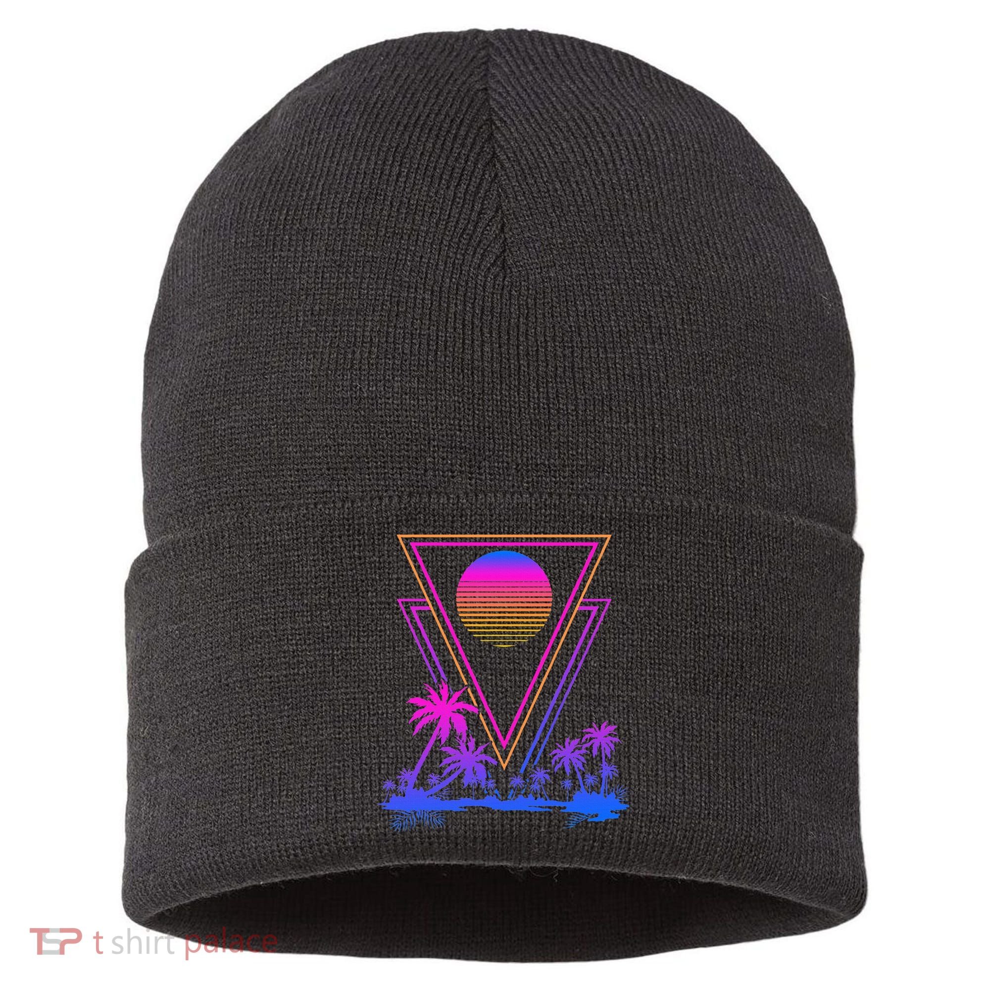 90s Vaporwave Aesthetic Palm Trees Sustainable Knit Beanie