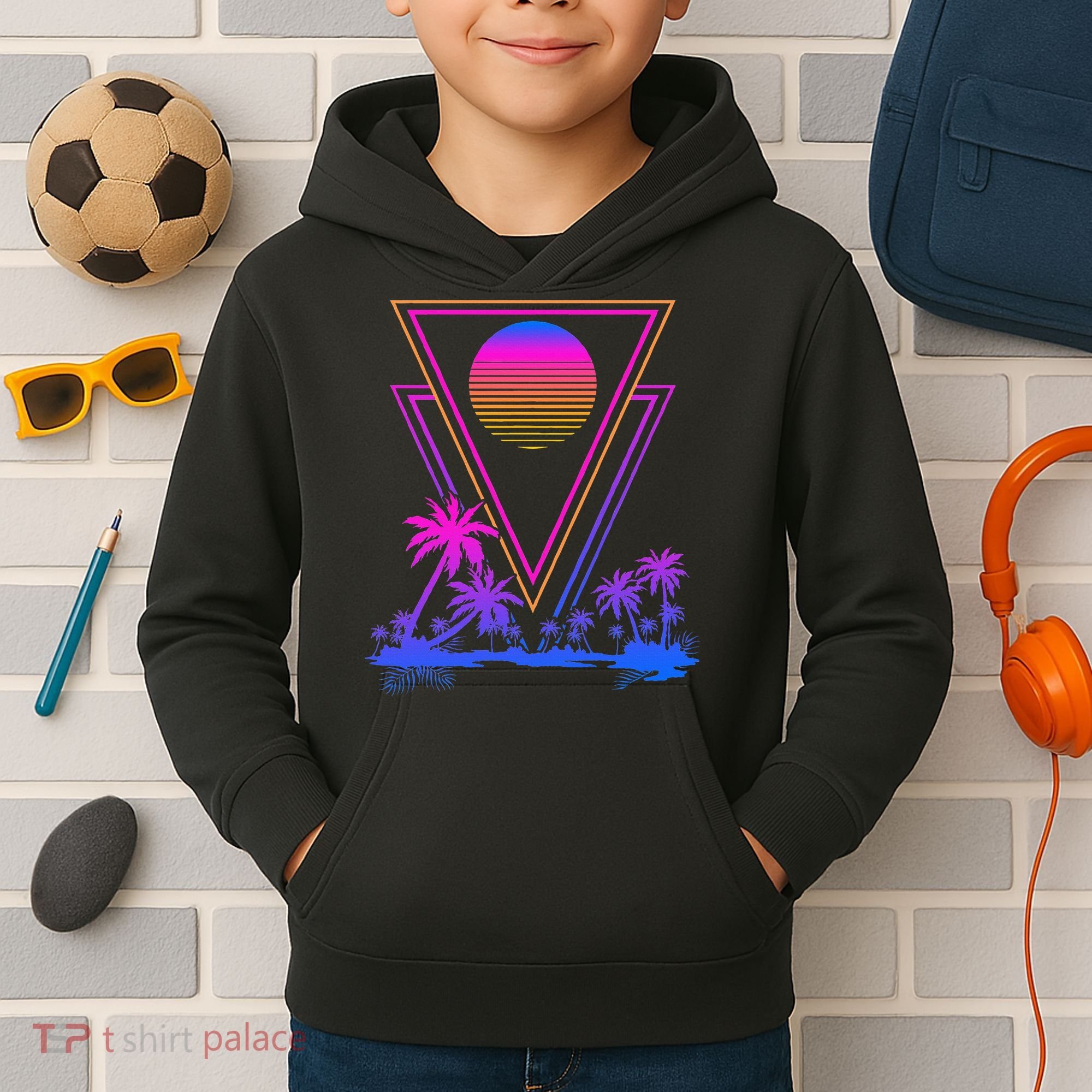 90s Vaporwave Aesthetic Palm Trees Kids Hoodie