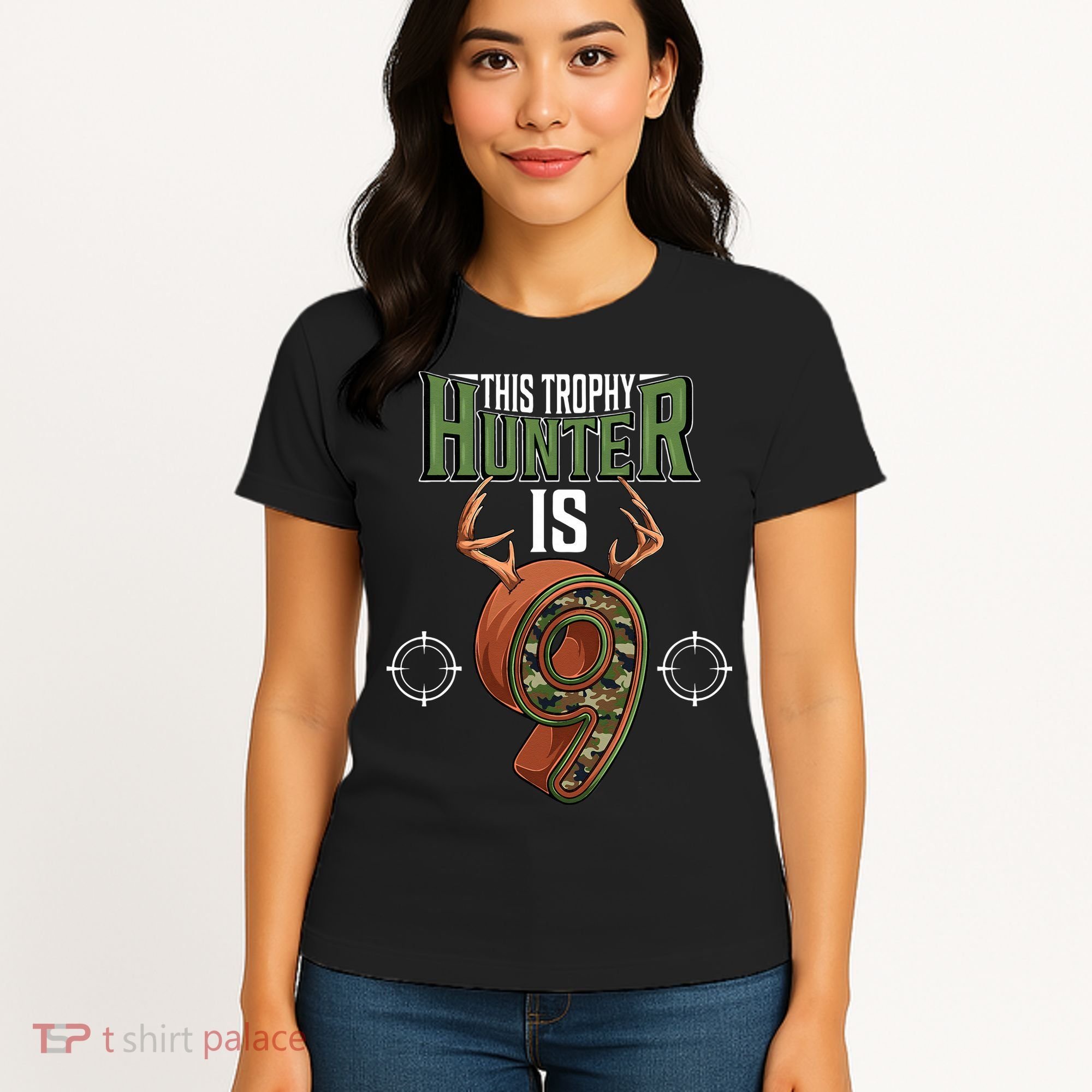 9 Year Old Hunting 9th Birthday Party Deer Hunter Women's T-Shirt