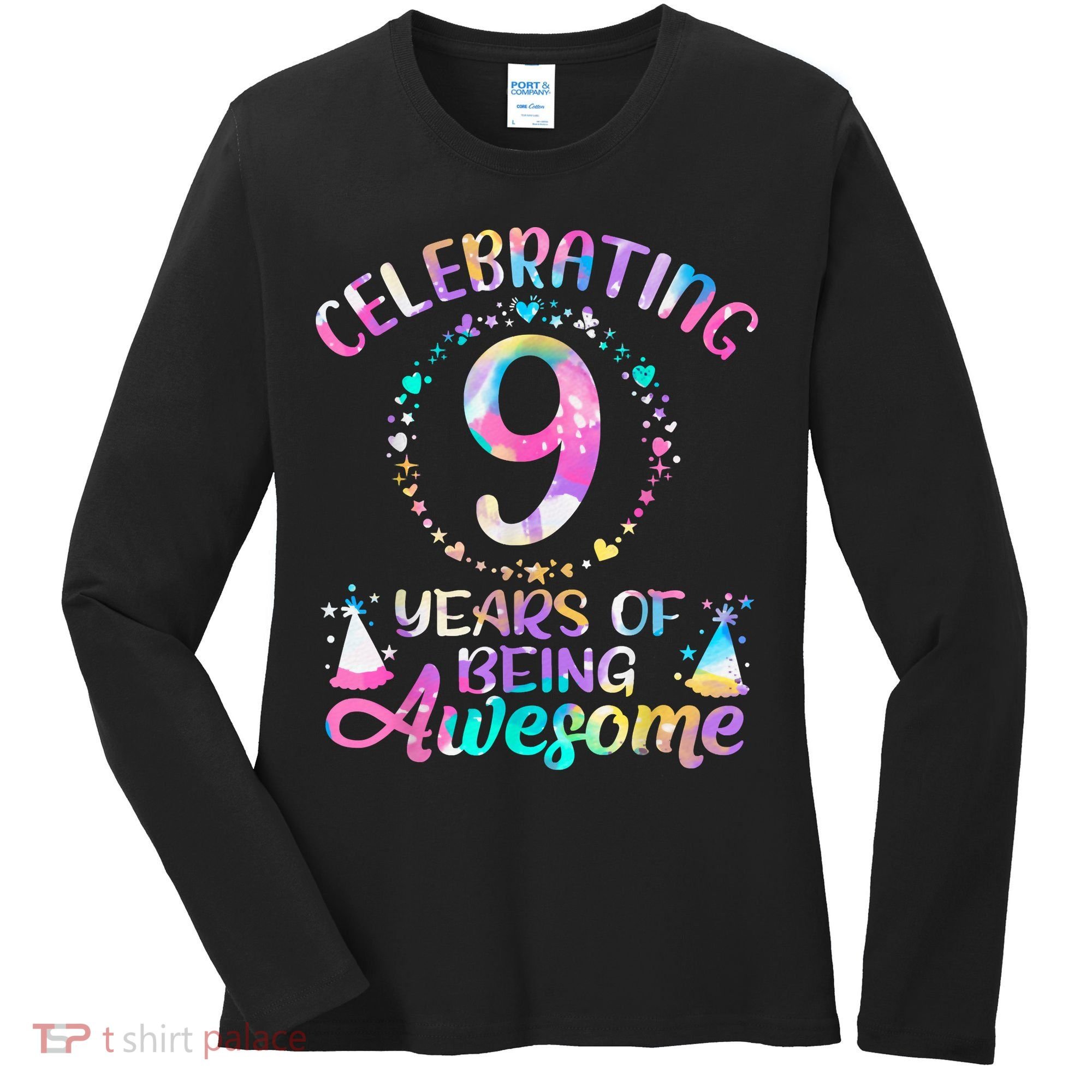 9 Years Of Being Awesome 9 Years Old 9th Birthday Tie Dye Women's Long Sleeve Shirt