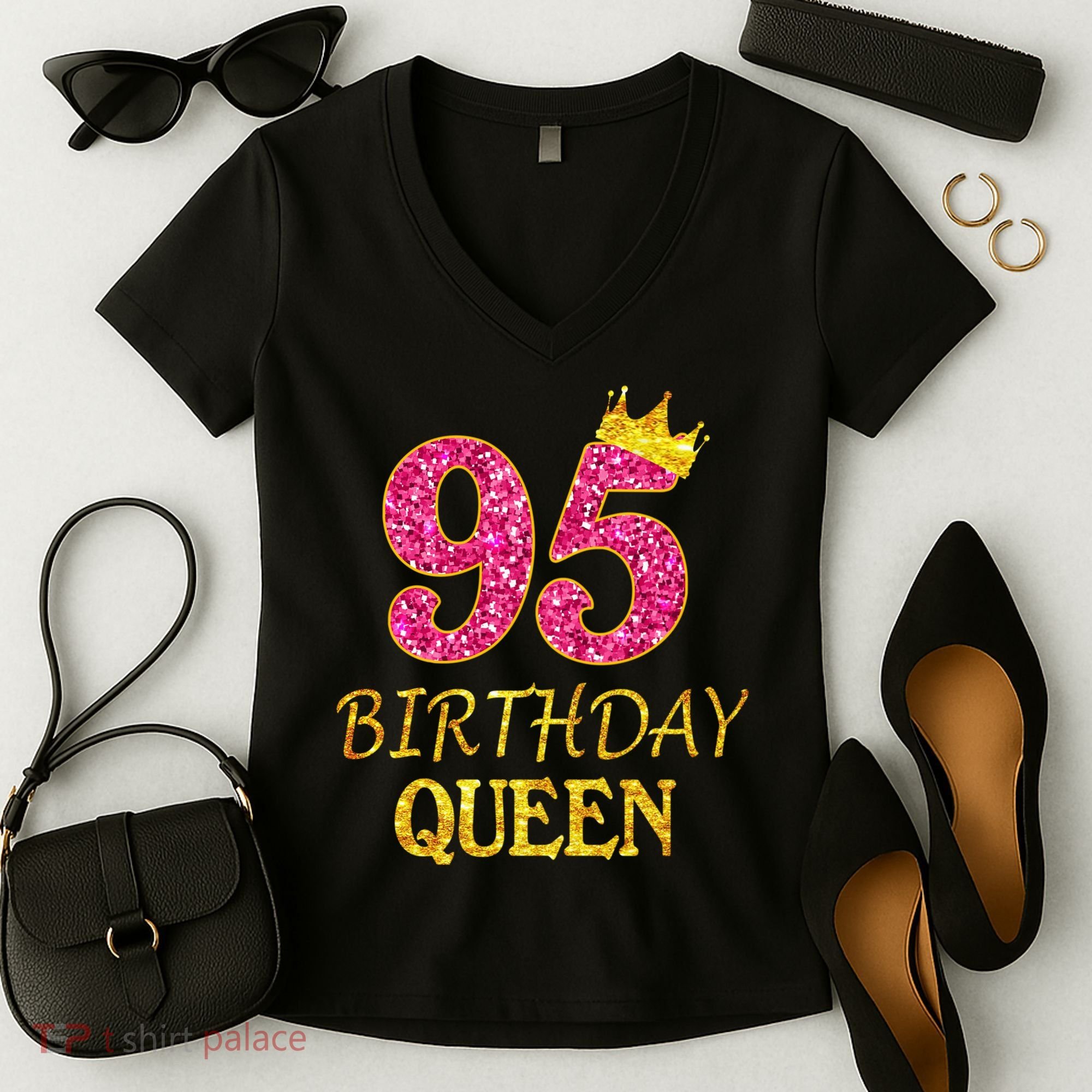 95 Years Old Birthday Queen Girl 95th Birthday Pink Women's V-Neck T-Shirt