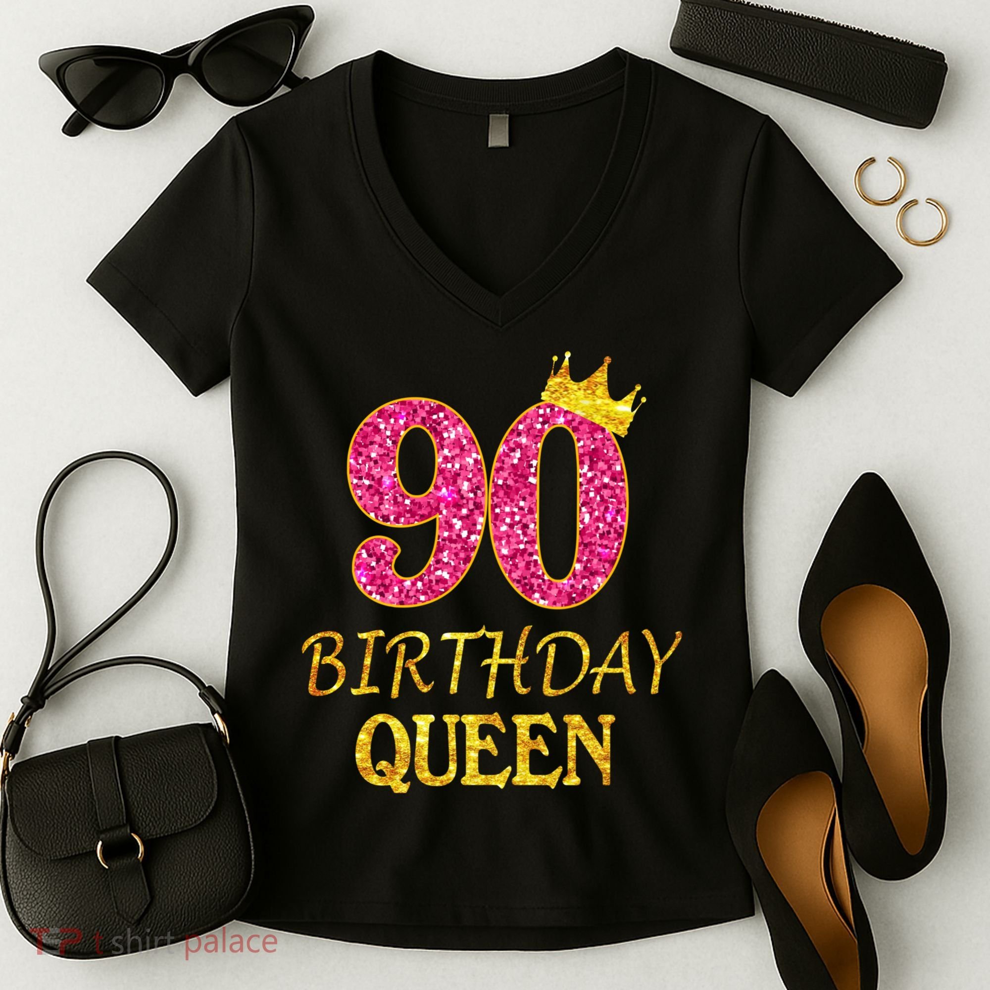 90 Years Old Birthday Queen  Shirt 90th Birthday Pink Women's V-Neck T-Shirt