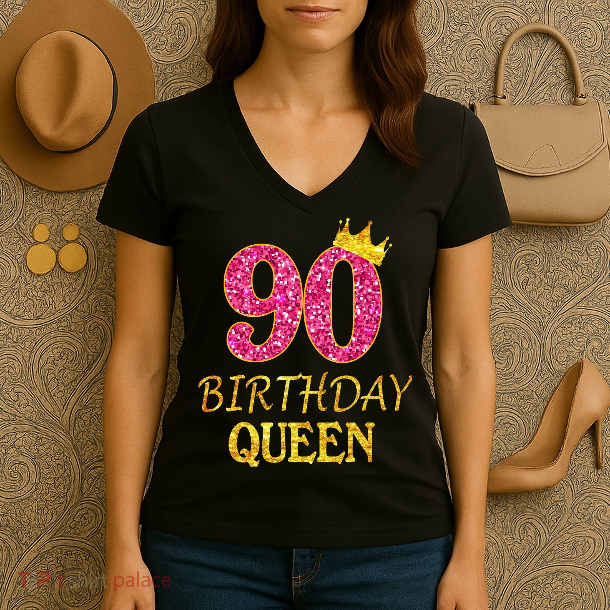 90 Years Old Birthday Queen  Shirt 90th Birthday Pink Women's V-Neck T-Shirt
