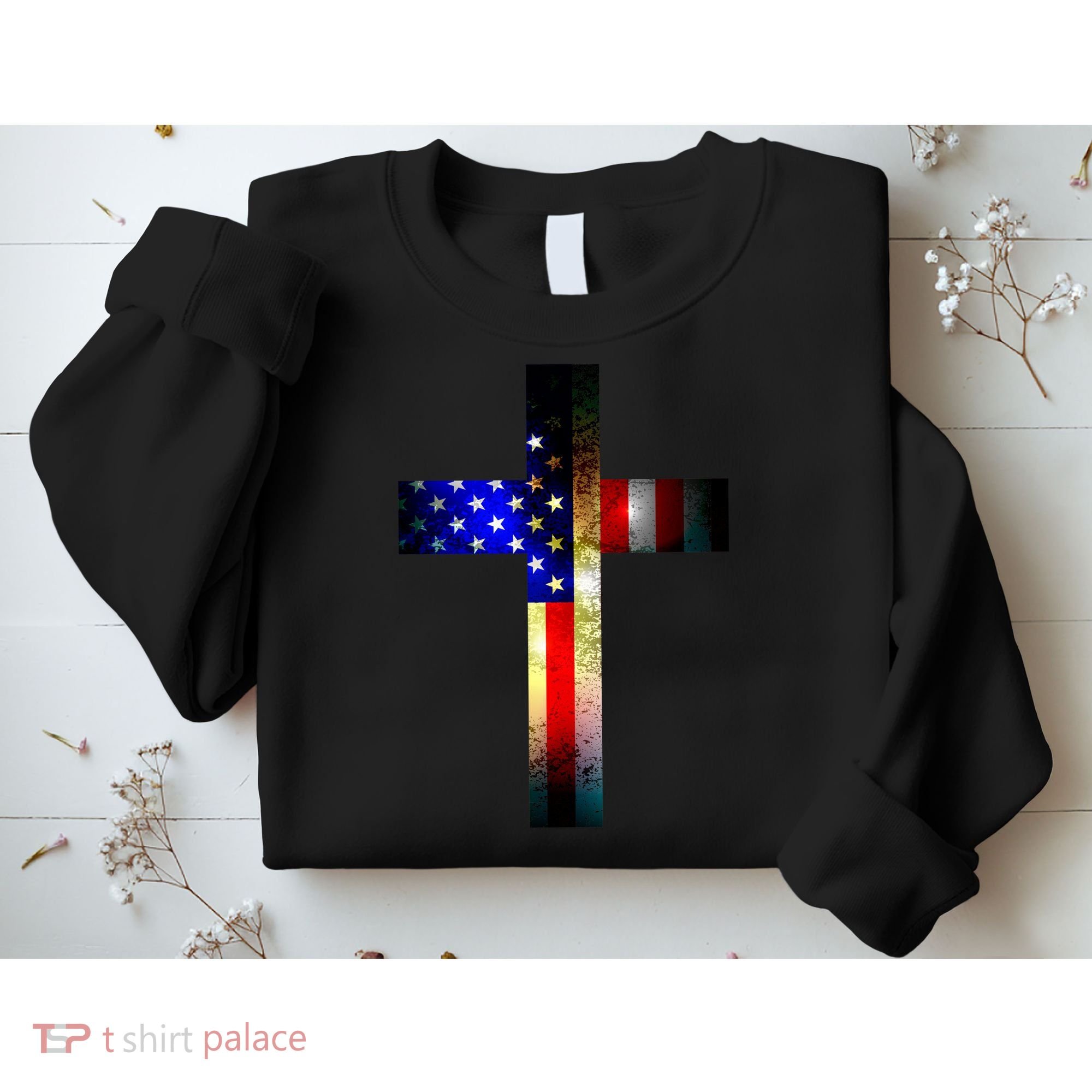 A christian cross comprised of the American Flag Sweatshirt
