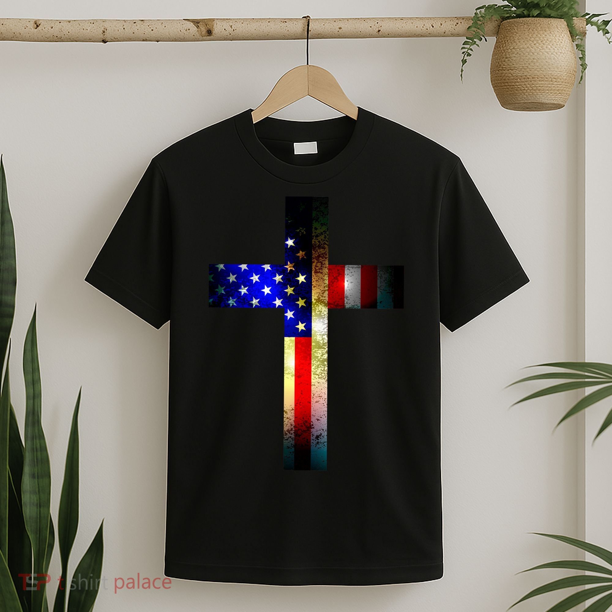 A christian cross comprised of the American Flag T-Shirt