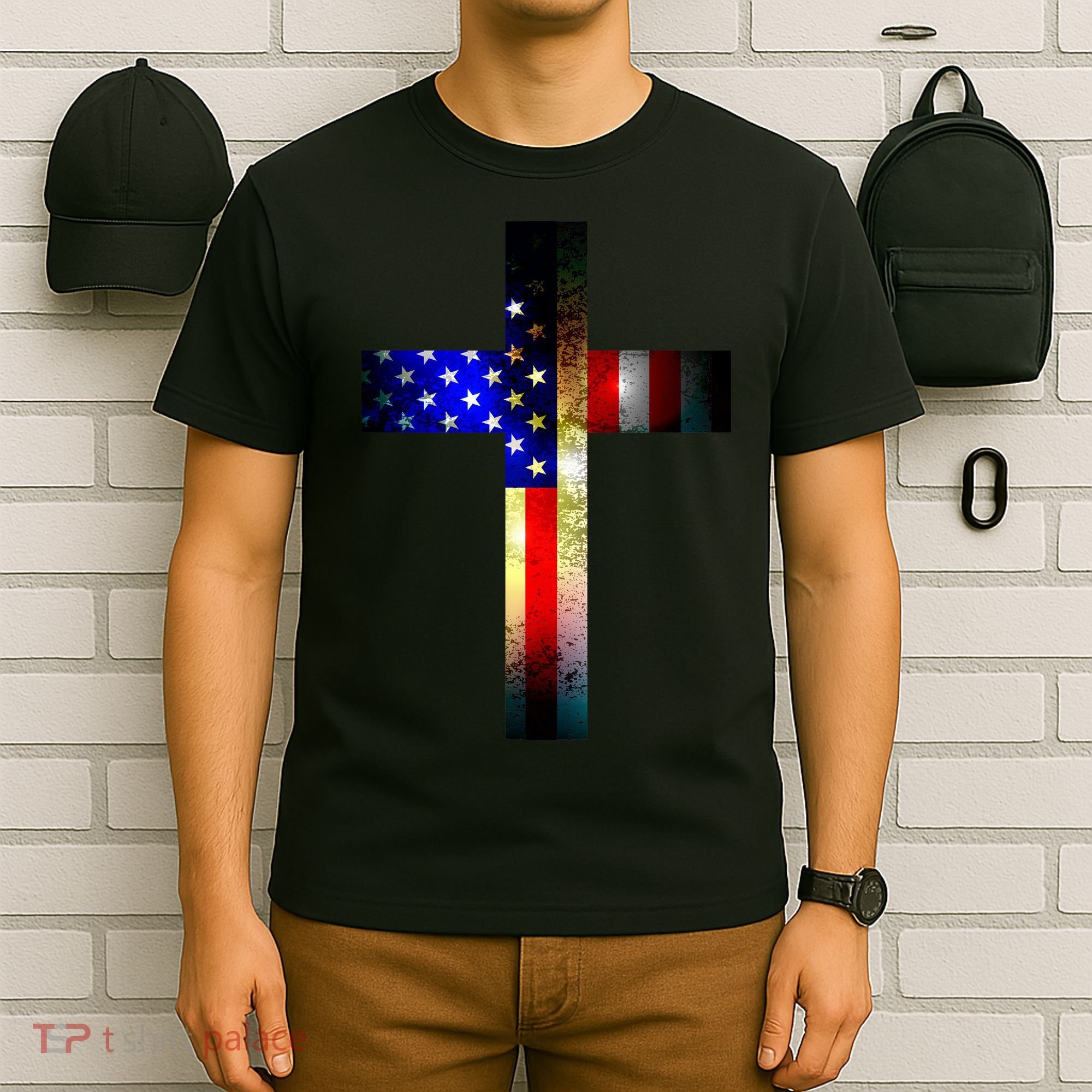 A christian cross comprised of the American Flag T-Shirt