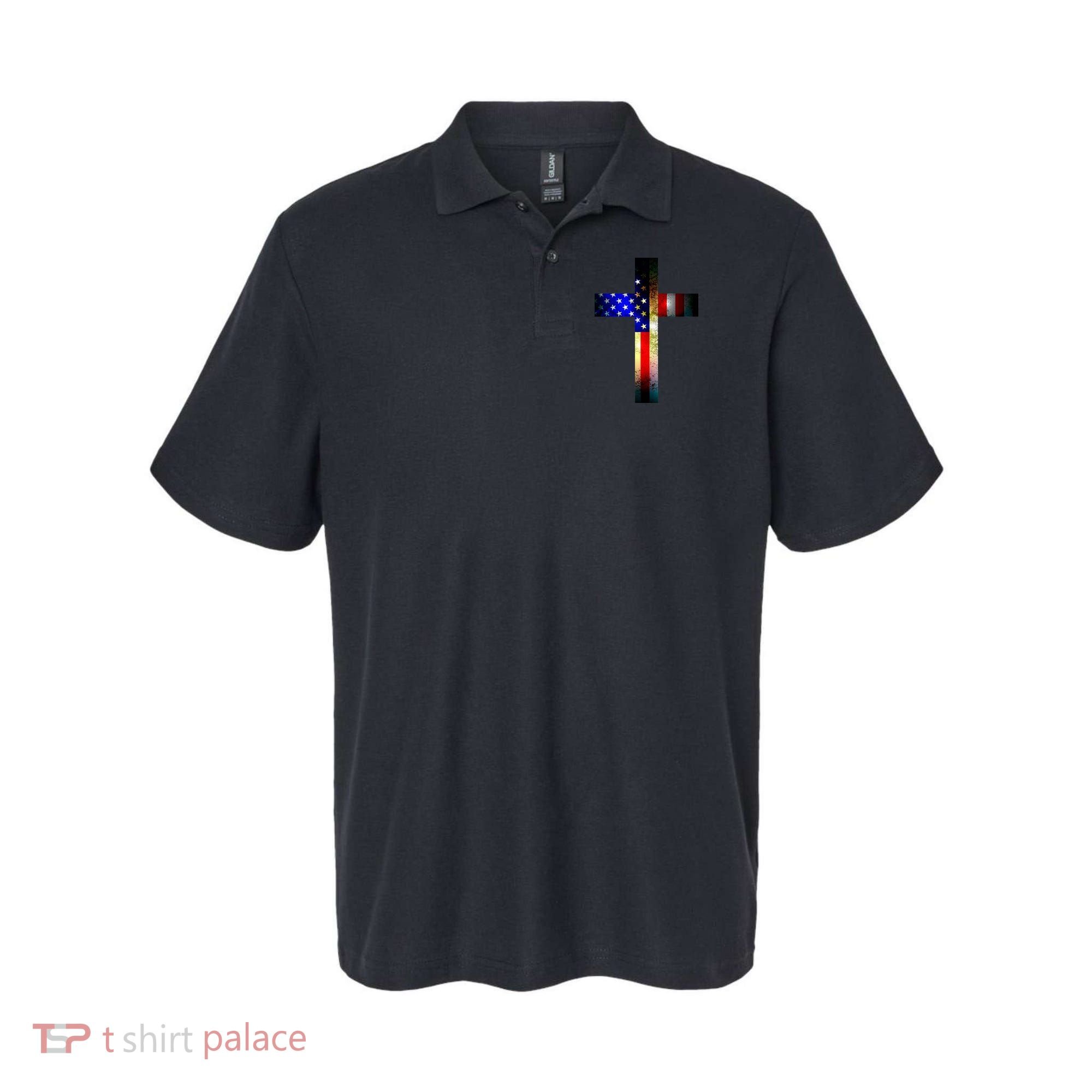 A christian cross comprised of the American Flag Polo