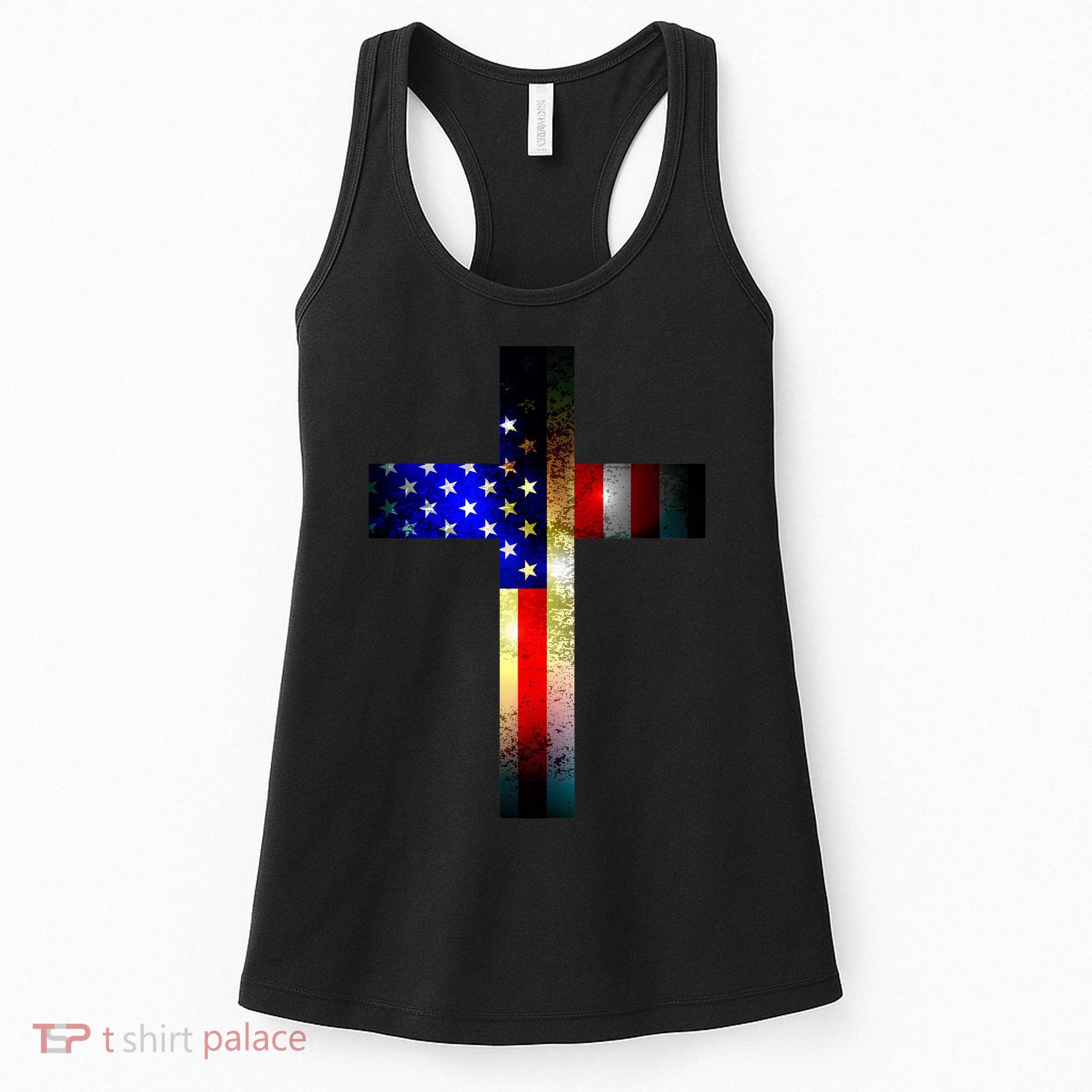 A christian cross comprised of the American Flag Women's Tank Top