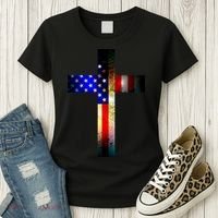 A christian cross comprised of the American Flag Women's T-Shirt thumb 3