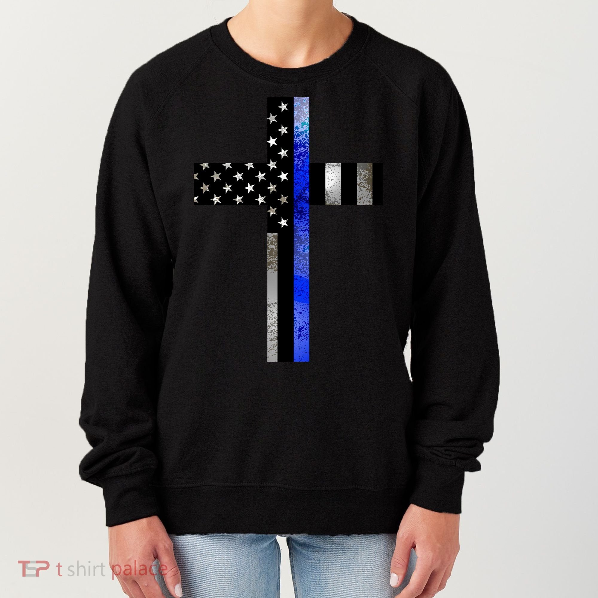 A Christian cross showing support for law enforcement - Thin Blue Line Women's Sweatshirt