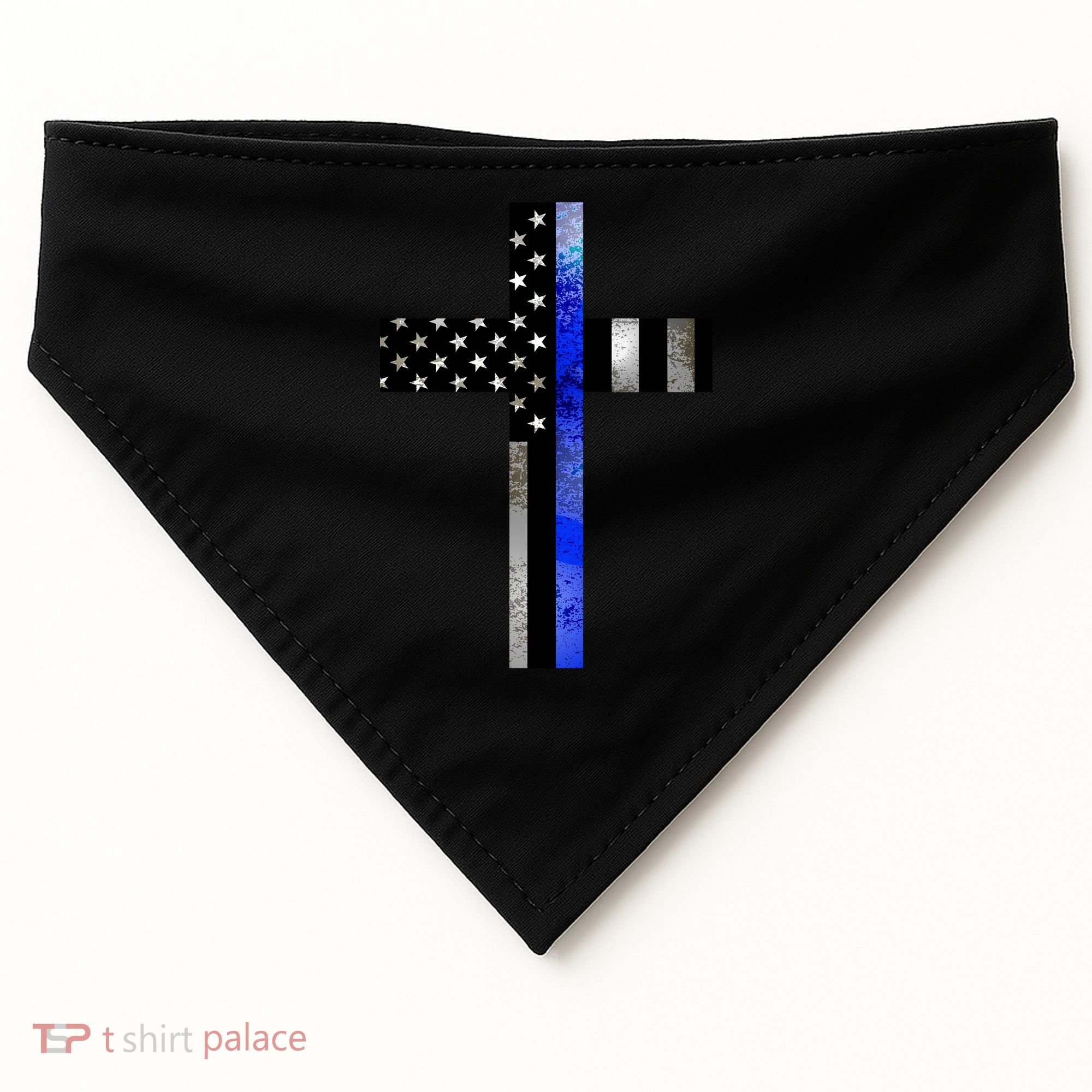 A Christian cross showing support for law enforcement - Thin Blue Line USA-Made Doggie Bandana