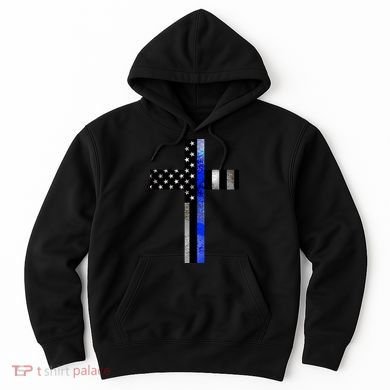 A Christian cross showing support for law enforcement - Thin Blue Line Hoodie