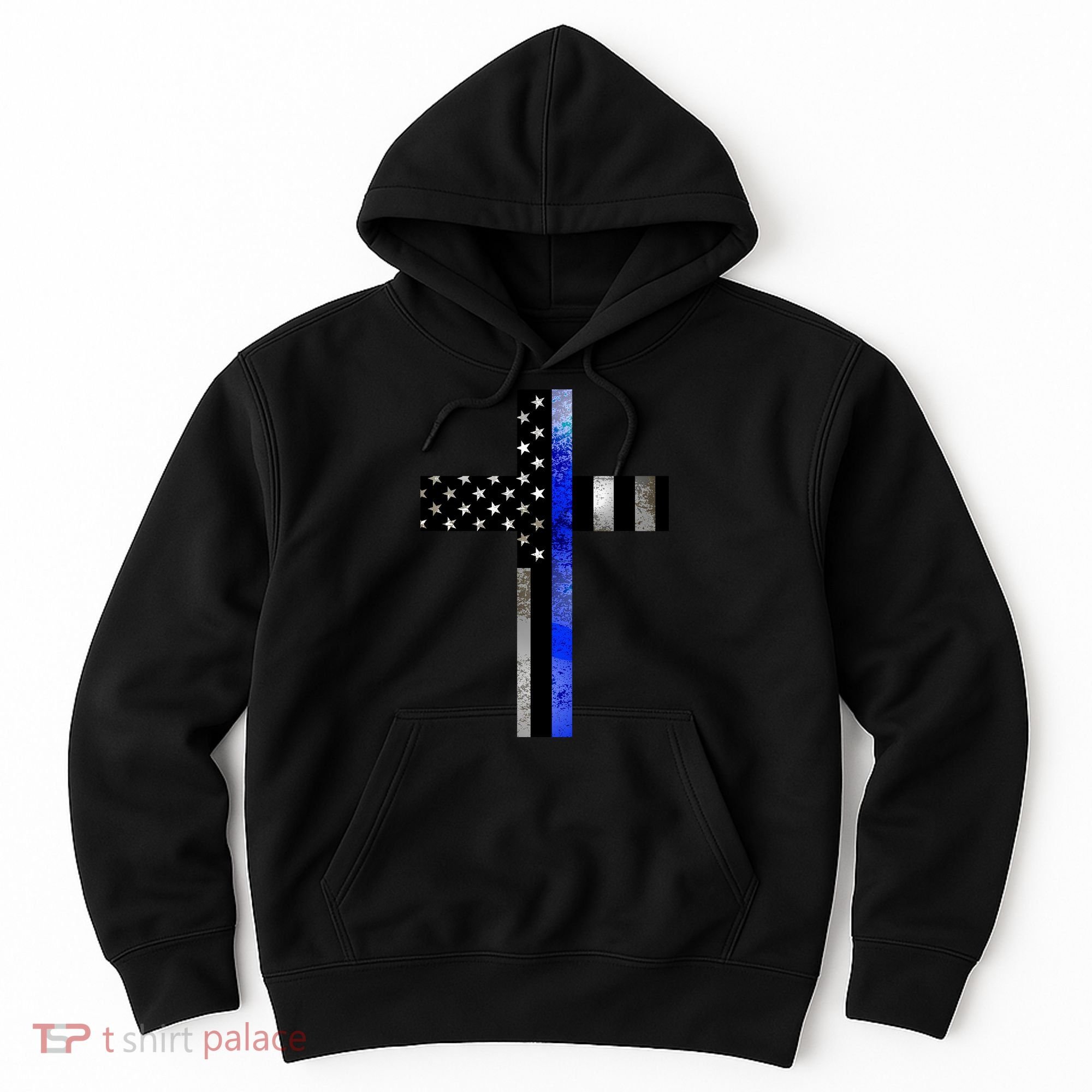 A Christian cross showing support for law enforcement - Thin Blue Line Hoodie
