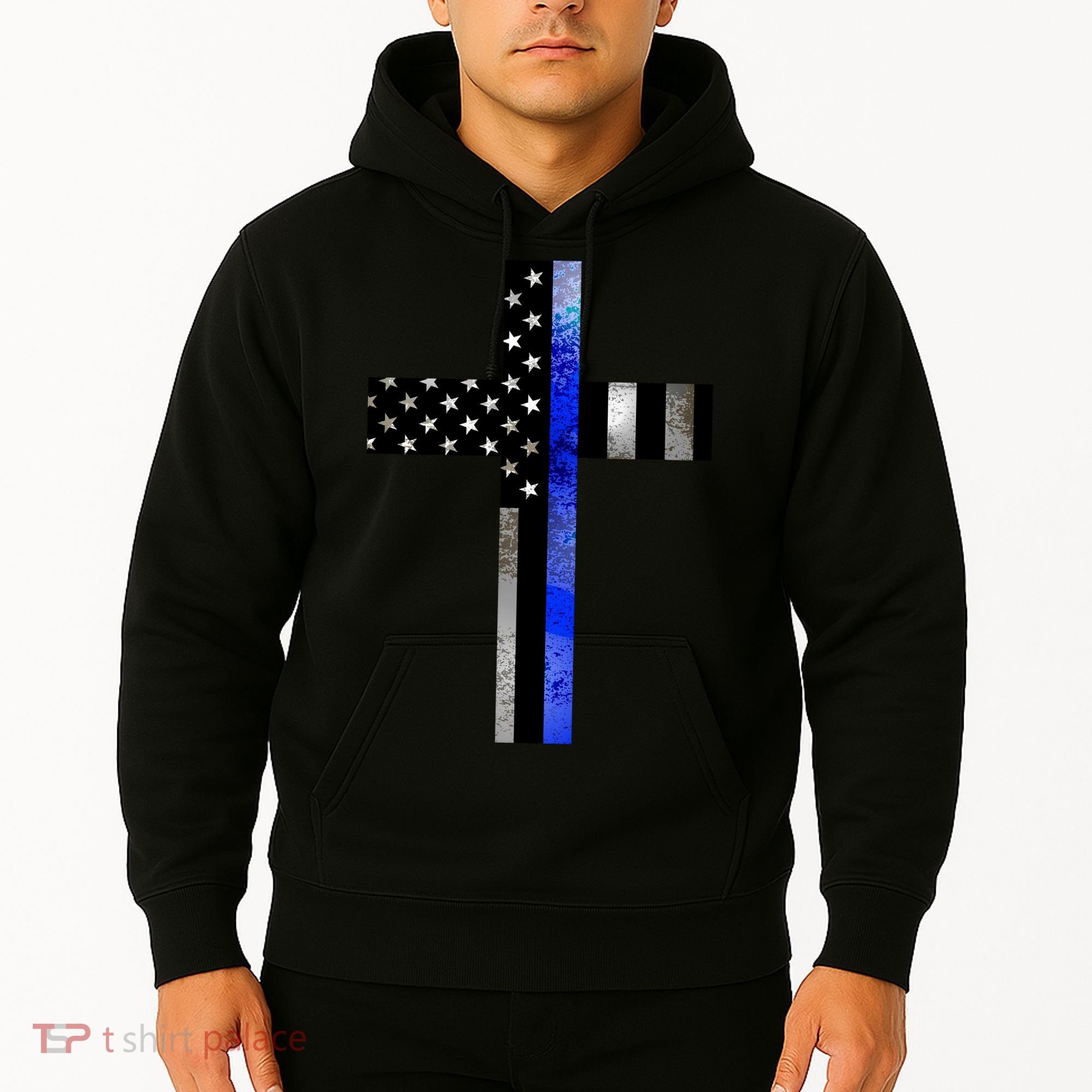 A Christian cross showing support for law enforcement - Thin Blue Line Hoodie