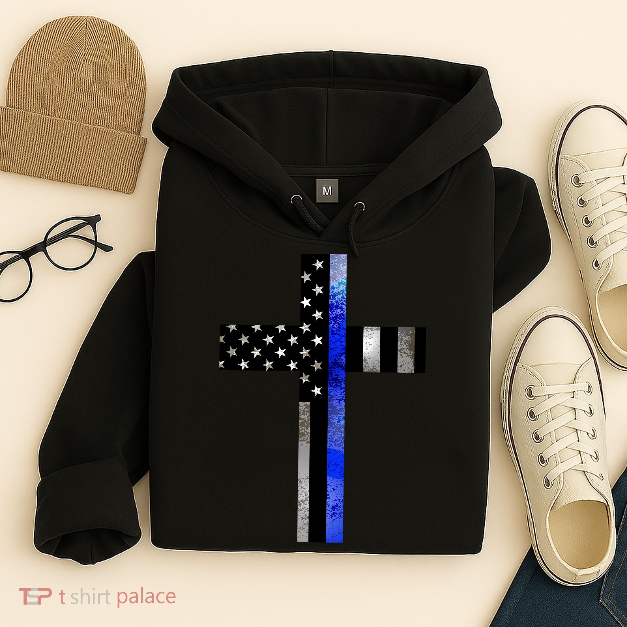 A Christian cross showing support for law enforcement - Thin Blue Line Hoodie