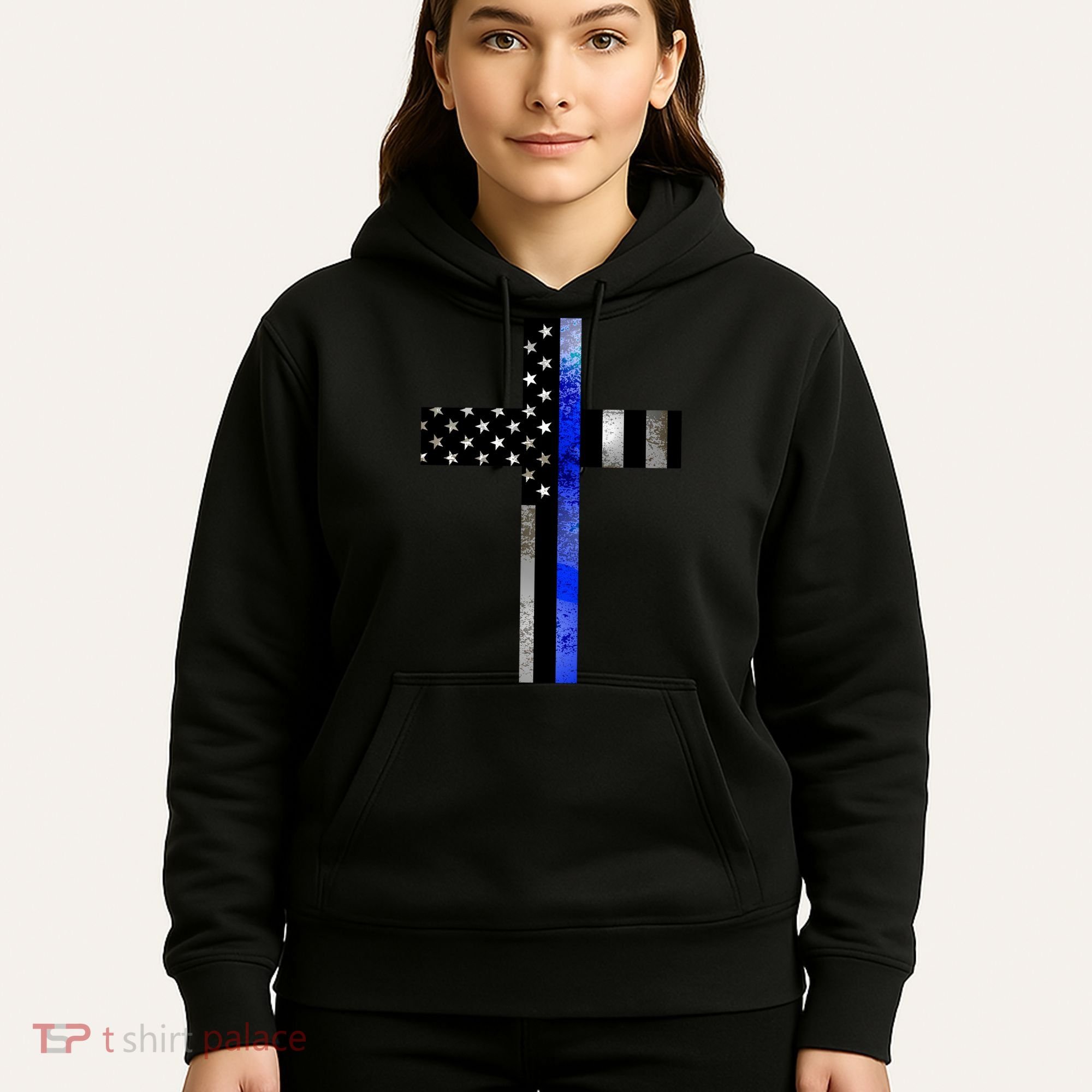 A Christian cross showing support for law enforcement - Thin Blue Line Hoodie