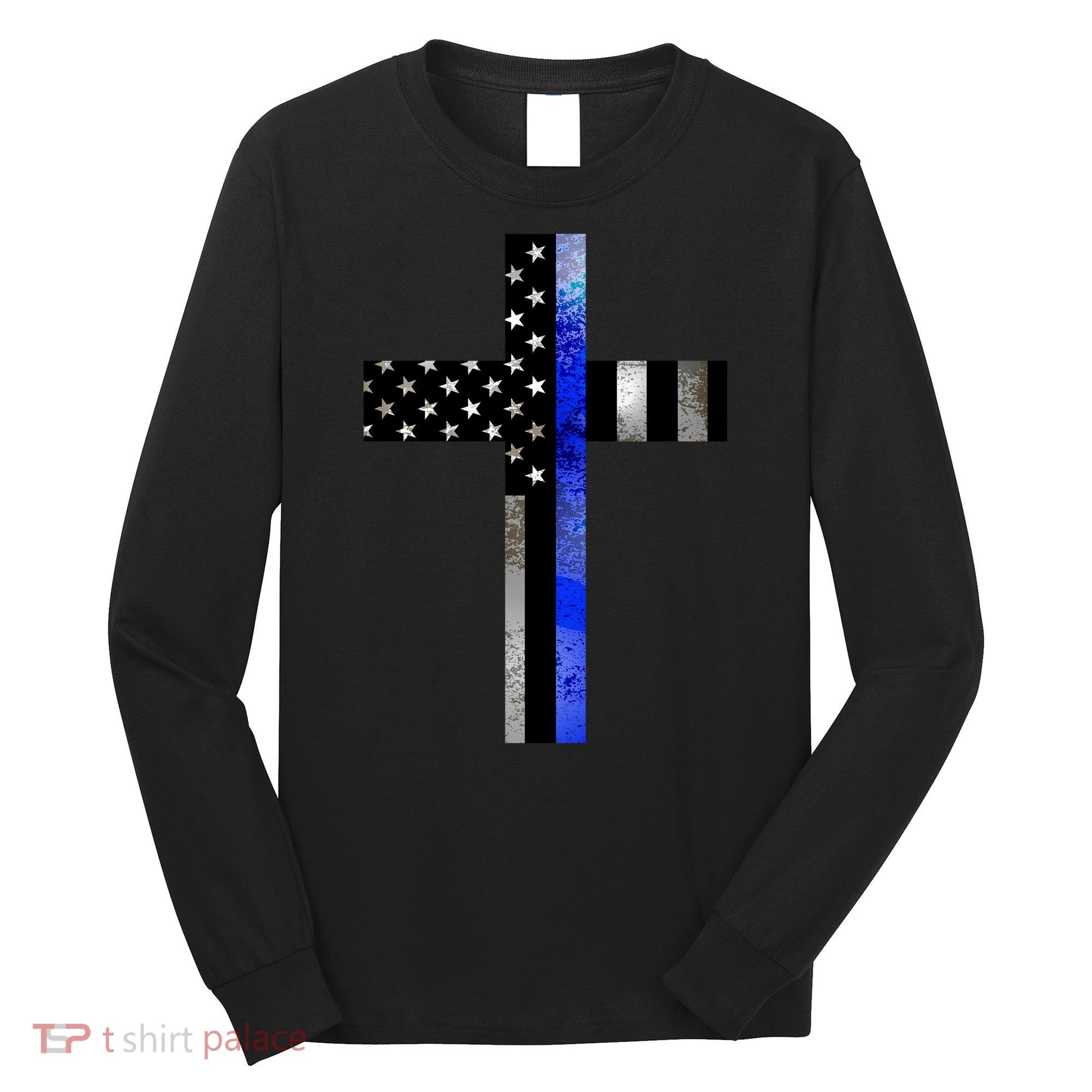 A Christian cross showing support for law enforcement - Thin Blue Line Long Sleeve Shirt