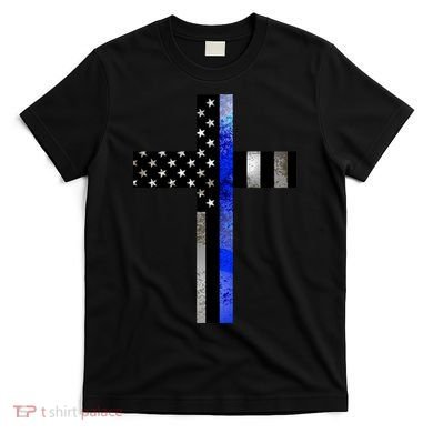A Christian cross showing support for law enforcement - Thin Blue Line T-Shirt