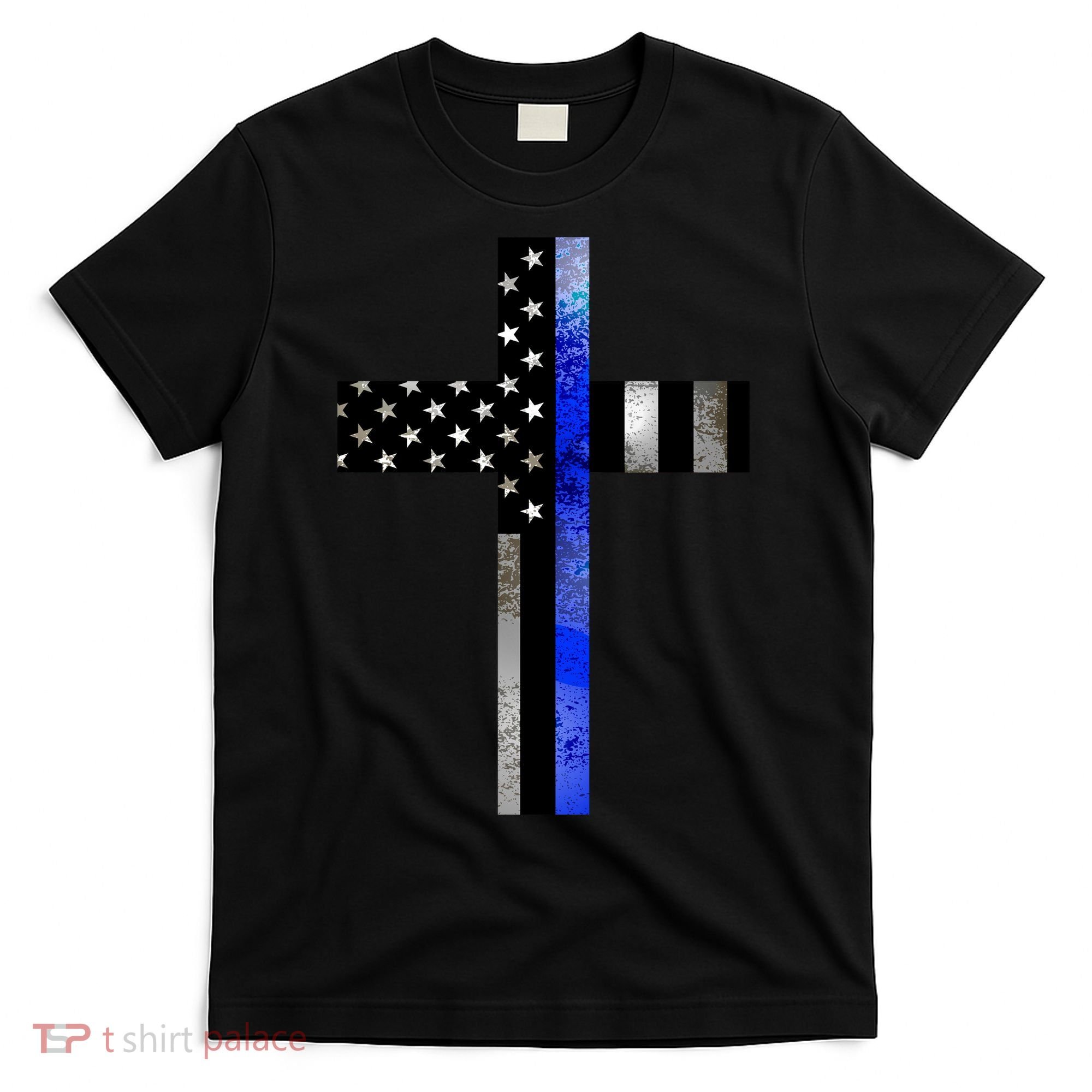 A Christian cross showing support for law enforcement - Thin Blue Line T-Shirt