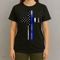 A Christian cross showing support for law enforcement - Thin Blue Line T-Shirt thumb 4
