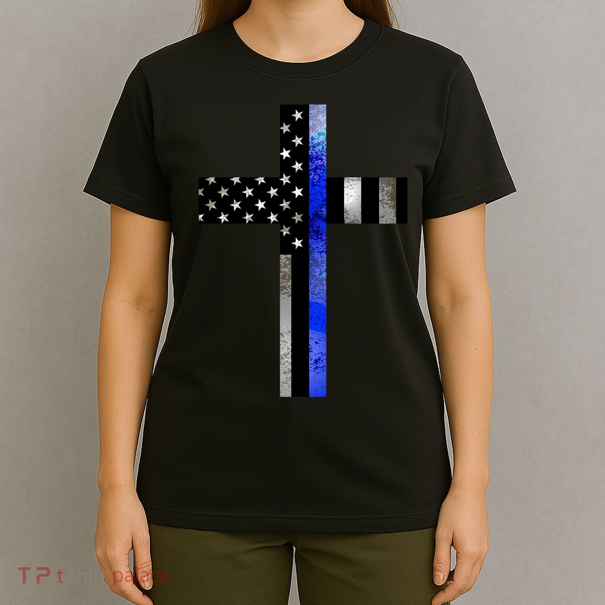 A Christian cross showing support for law enforcement - Thin Blue Line T-Shirt