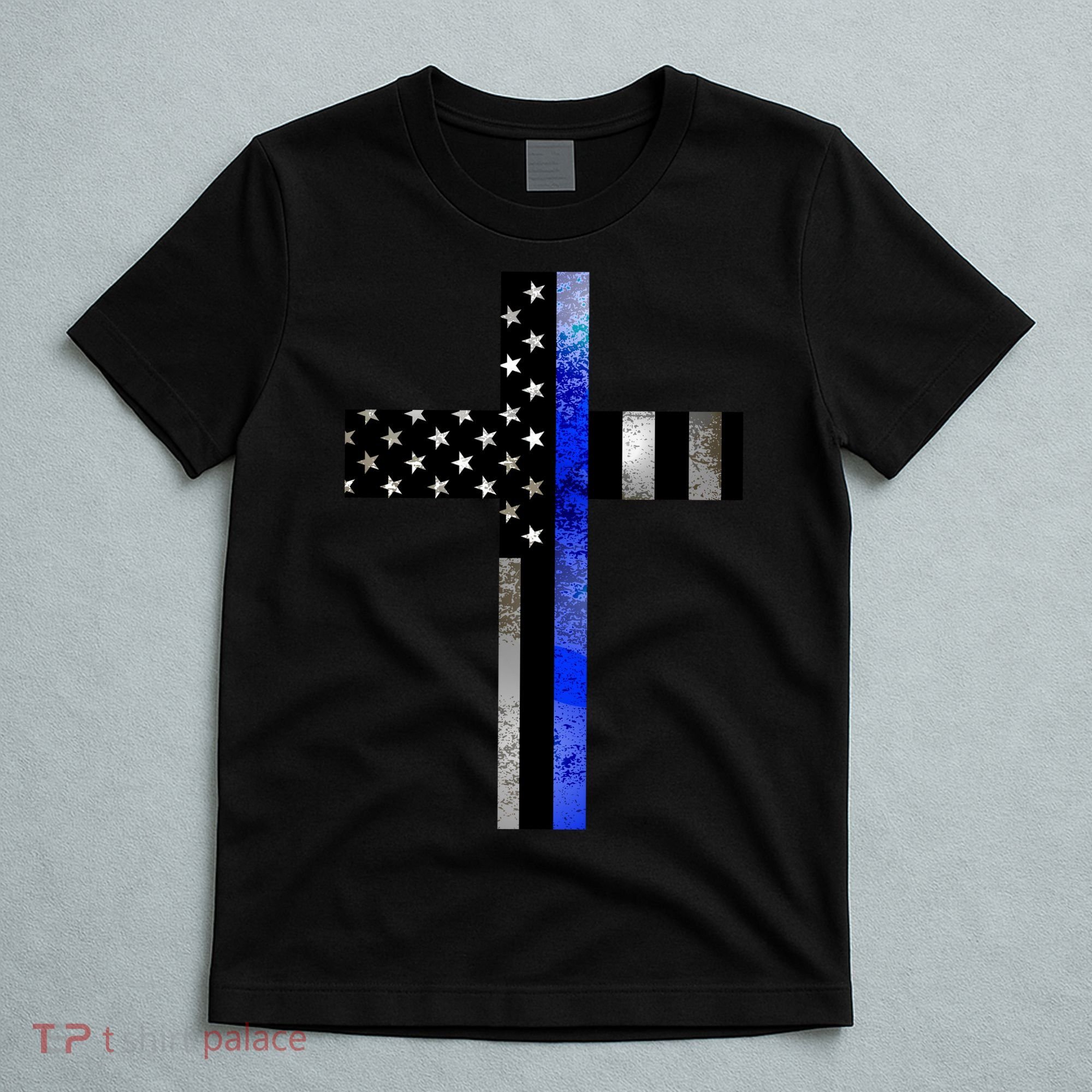 A Christian cross showing support for law enforcement - Thin Blue Line T-Shirt