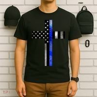 A Christian cross showing support for law enforcement - Thin Blue Line T-Shirt thumb 6