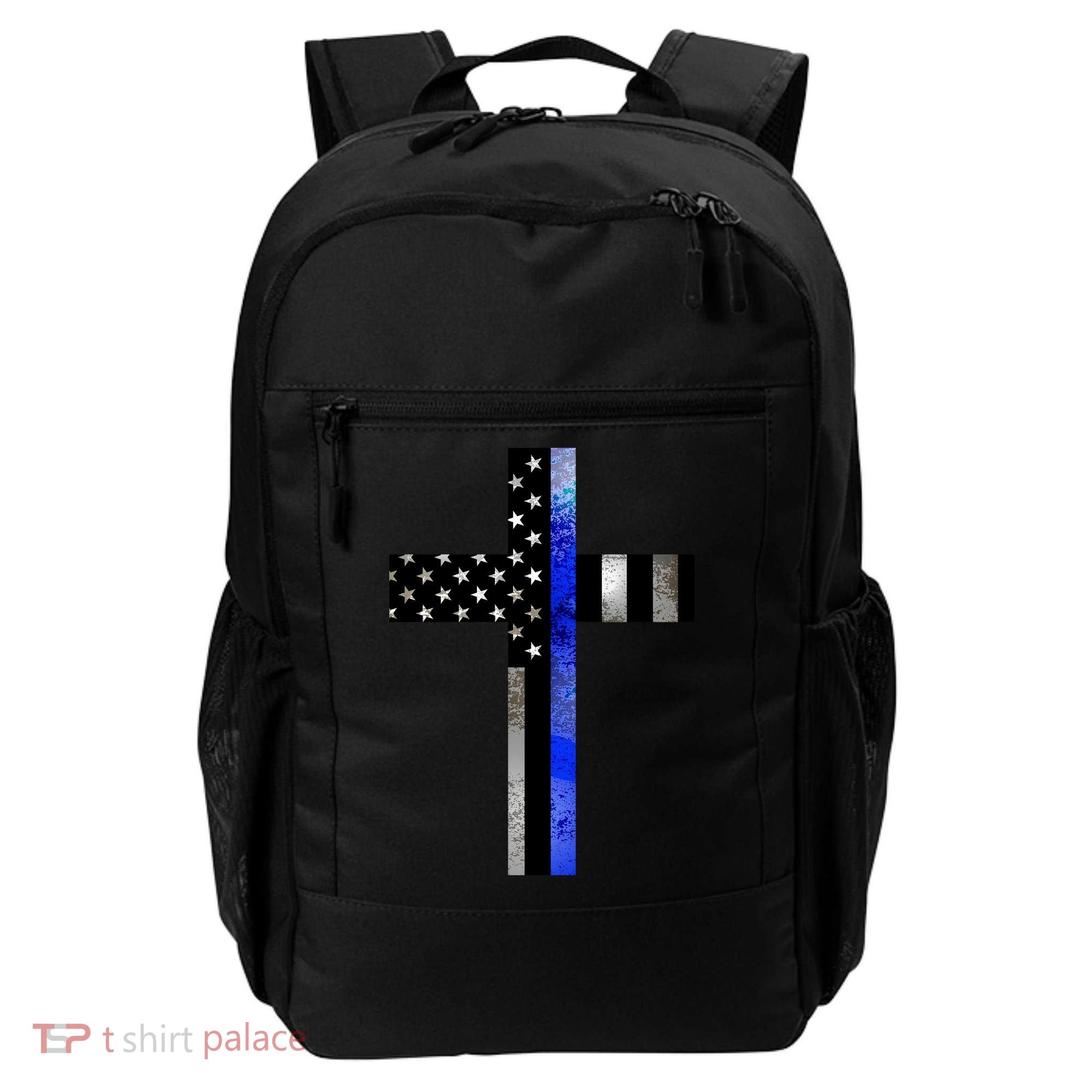 A Christian cross showing support for law enforcement - Thin Blue Line Backpack