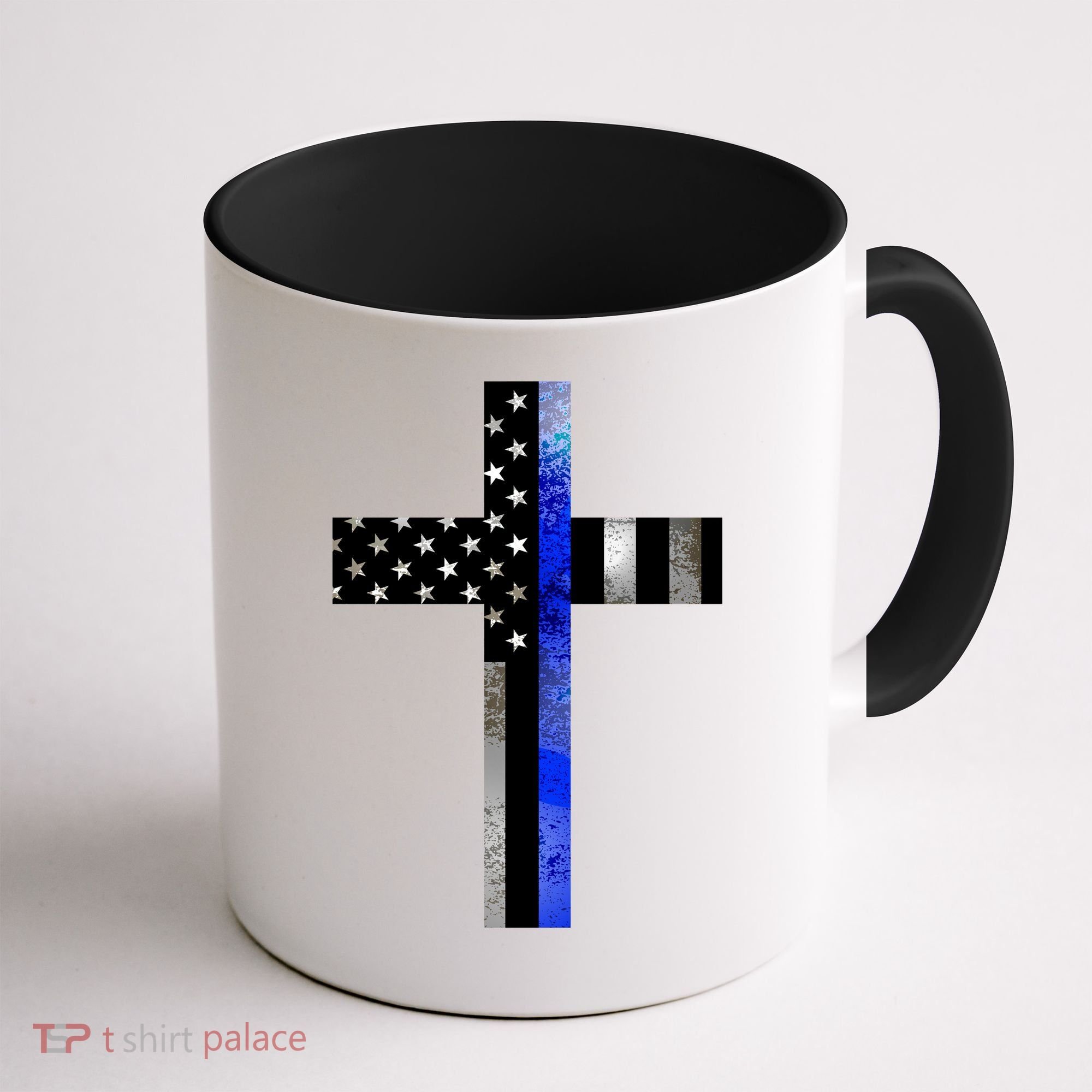 A Christian cross showing support for law enforcement - Thin Blue Line Coffee Mug