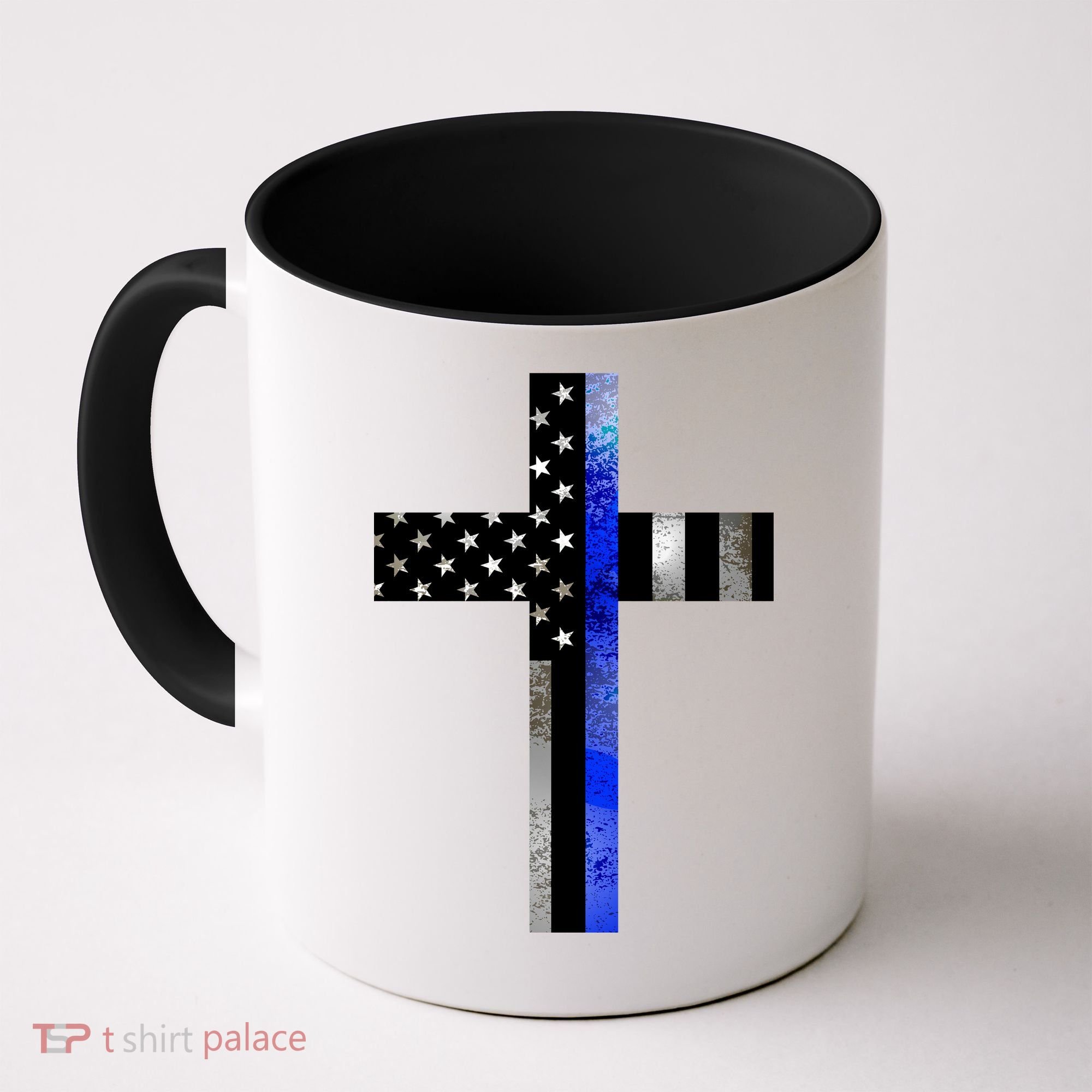 A Christian cross showing support for law enforcement - Thin Blue Line Coffee Mug