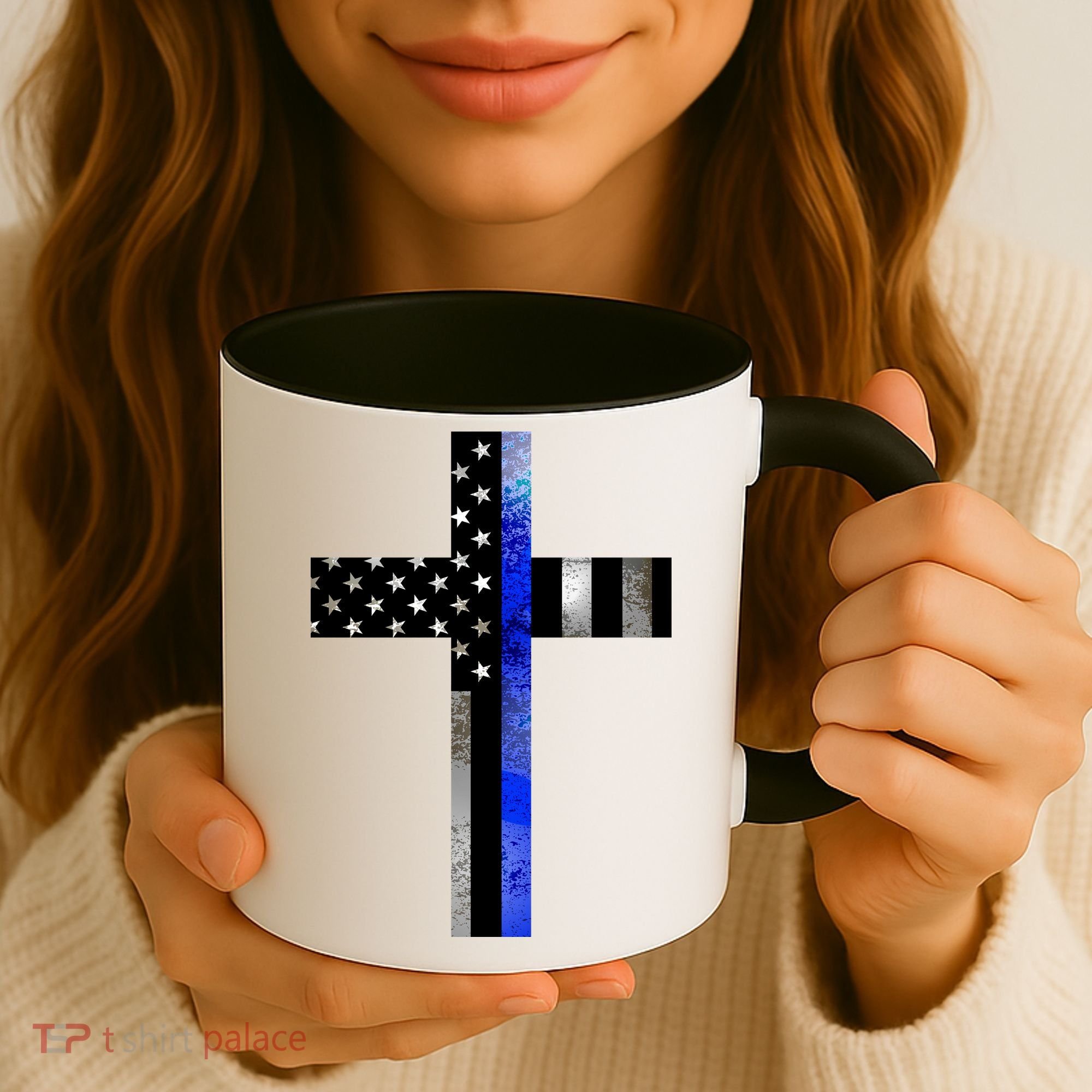 A Christian cross showing support for law enforcement - Thin Blue Line Coffee Mug