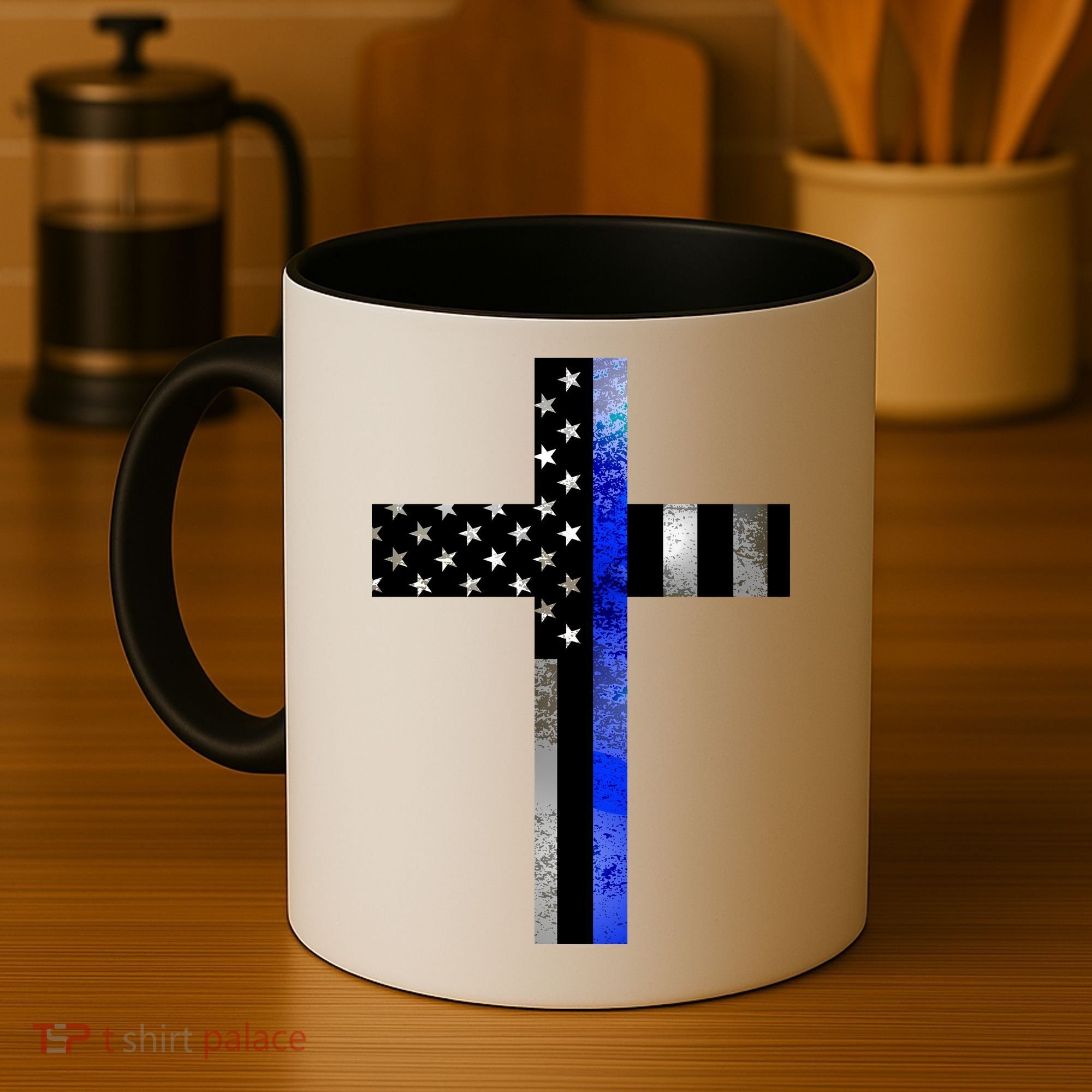 A Christian cross showing support for law enforcement - Thin Blue Line Coffee Mug