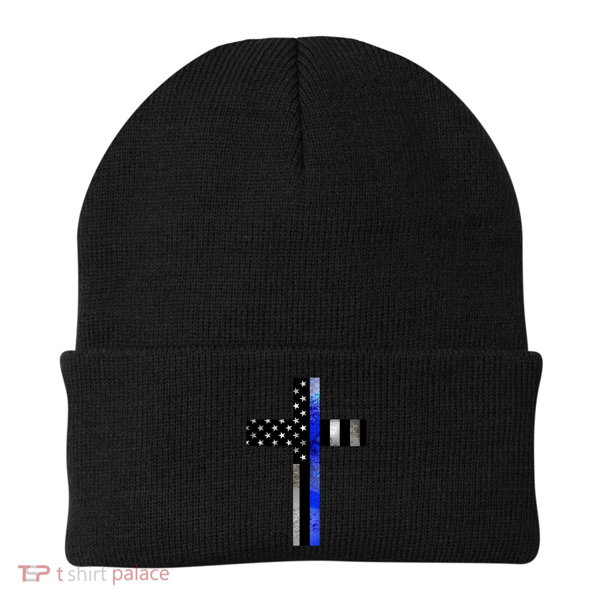 A Christian cross showing support for law enforcement - Thin Blue Line Beanie